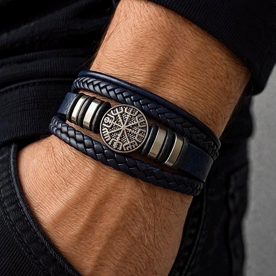 Viking Bracelet - Mens Nordic viking rhune mens leather bracelet gold and black braided. Stainless