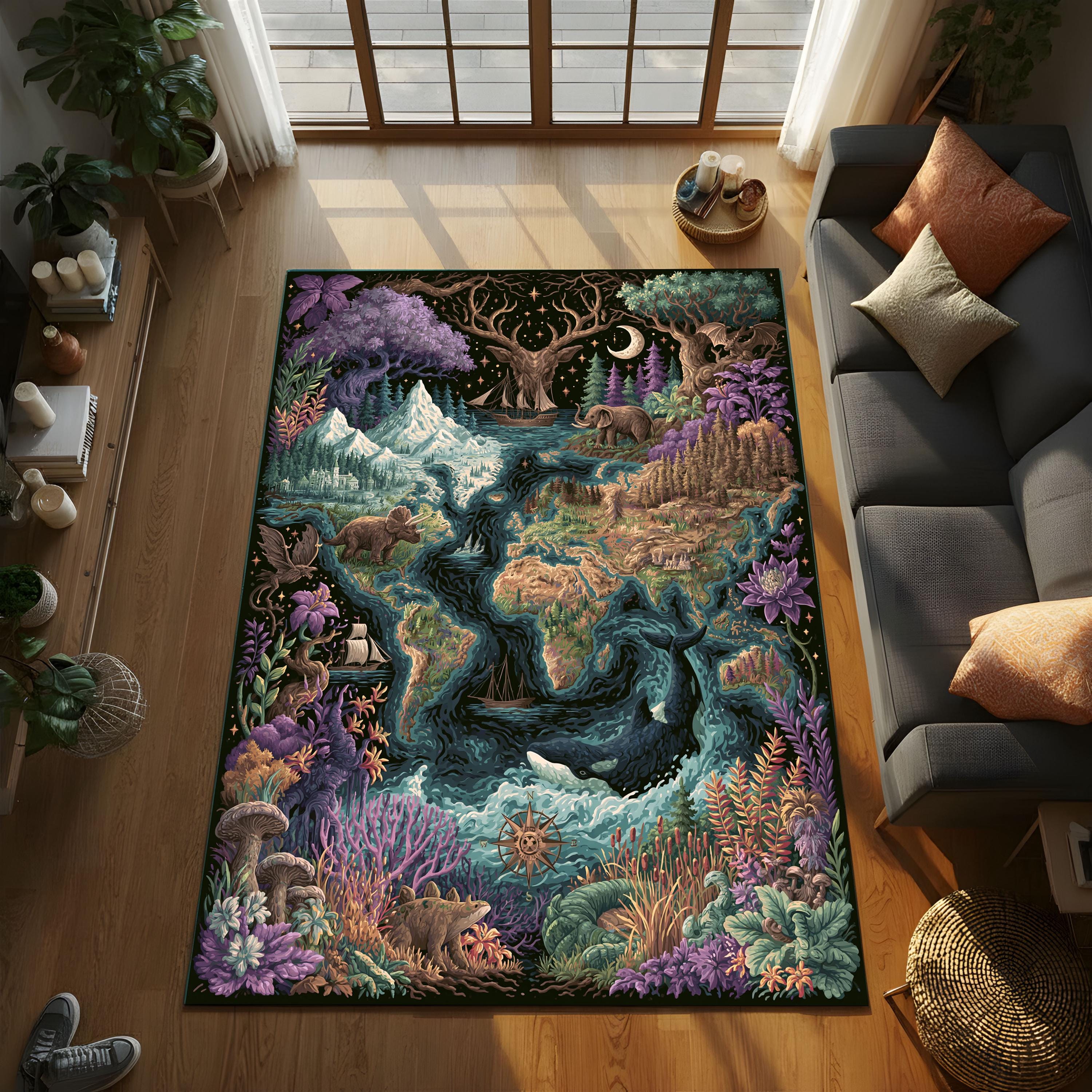 Viking Rune Rug - Norse Viking Ship Rug with Rune Circle and Mythic Animal Guardians, Black Gold