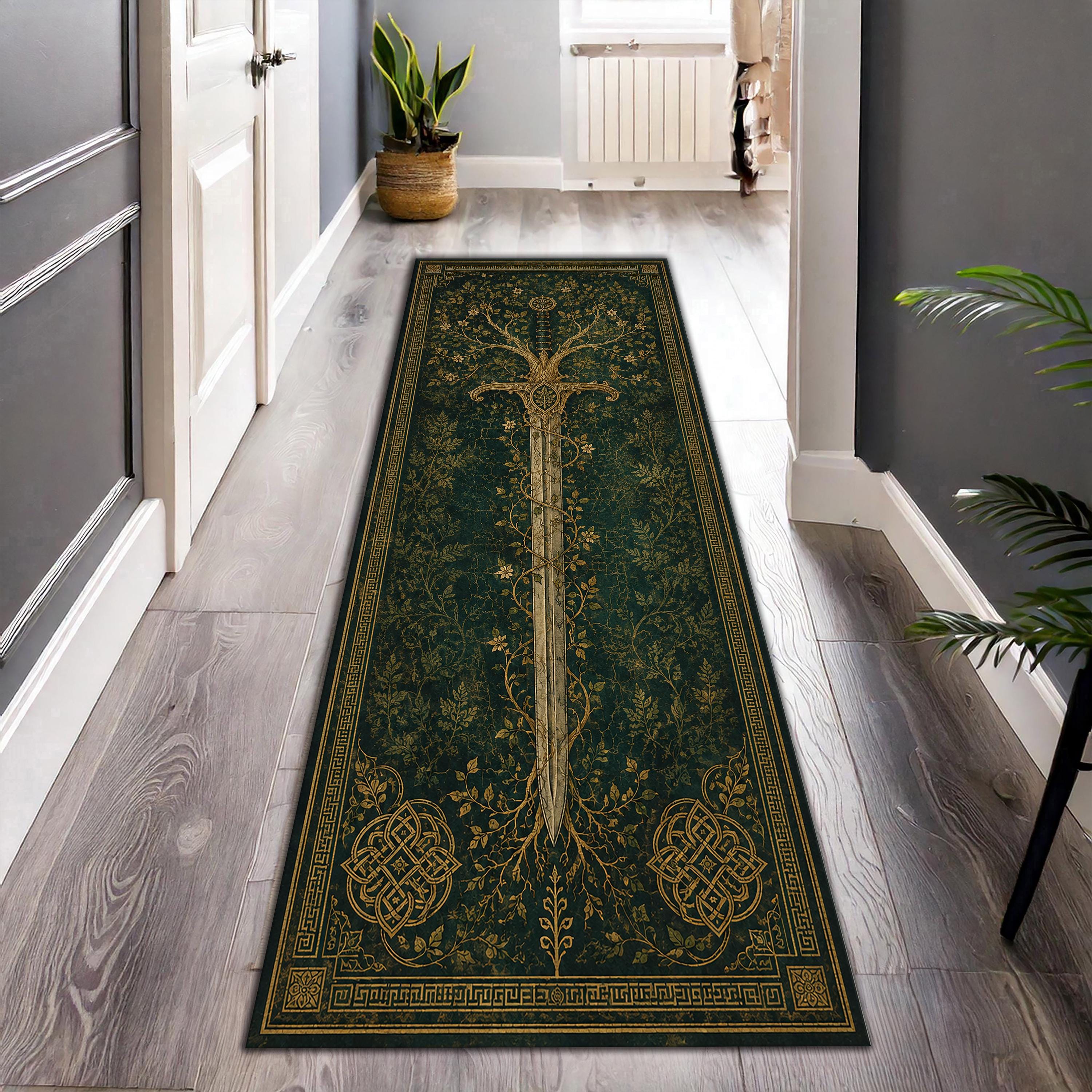 Viking Rug - Viking Axe Runner Rug: Blue Celtic Knot Carpet, Nordic Warrior Pattern, Fantasy Decor