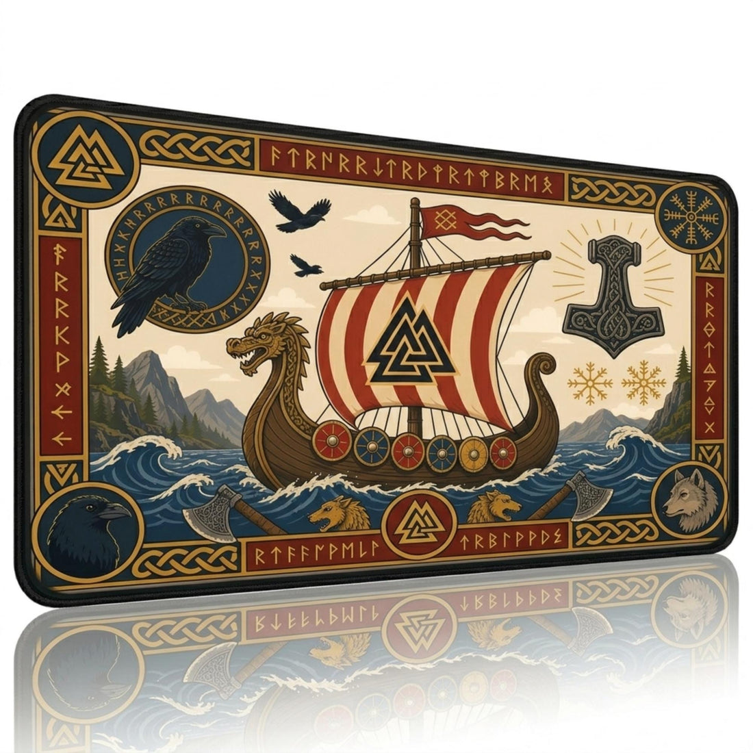 Viking Thor's Hammer Leather Accessory - Viking Desk Mat - Norse Mythology Mouse Pad, Longship &