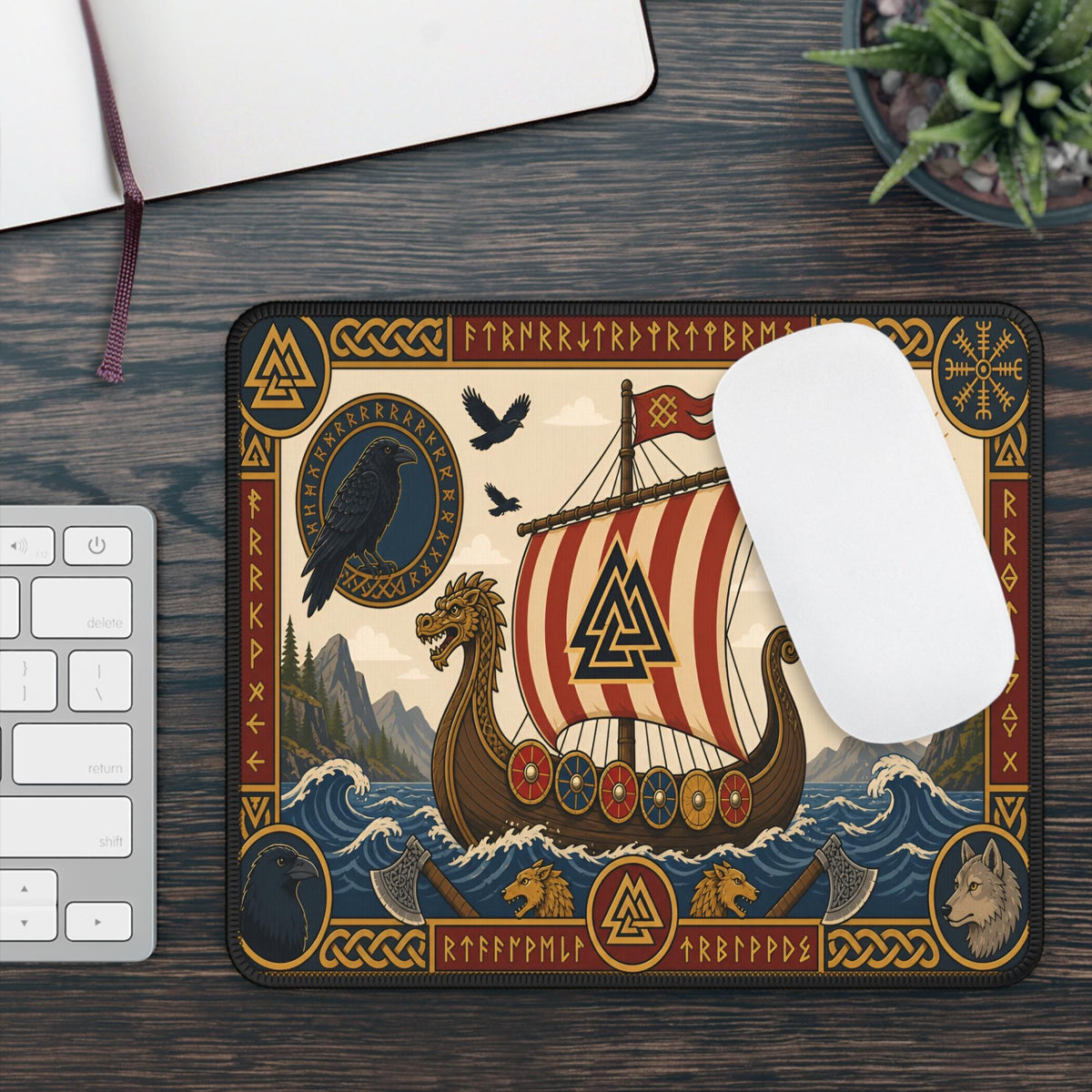 Viking Thor's Hammer Leather Accessory - Viking Desk Mat - Norse Mythology Mouse Pad, Longship &