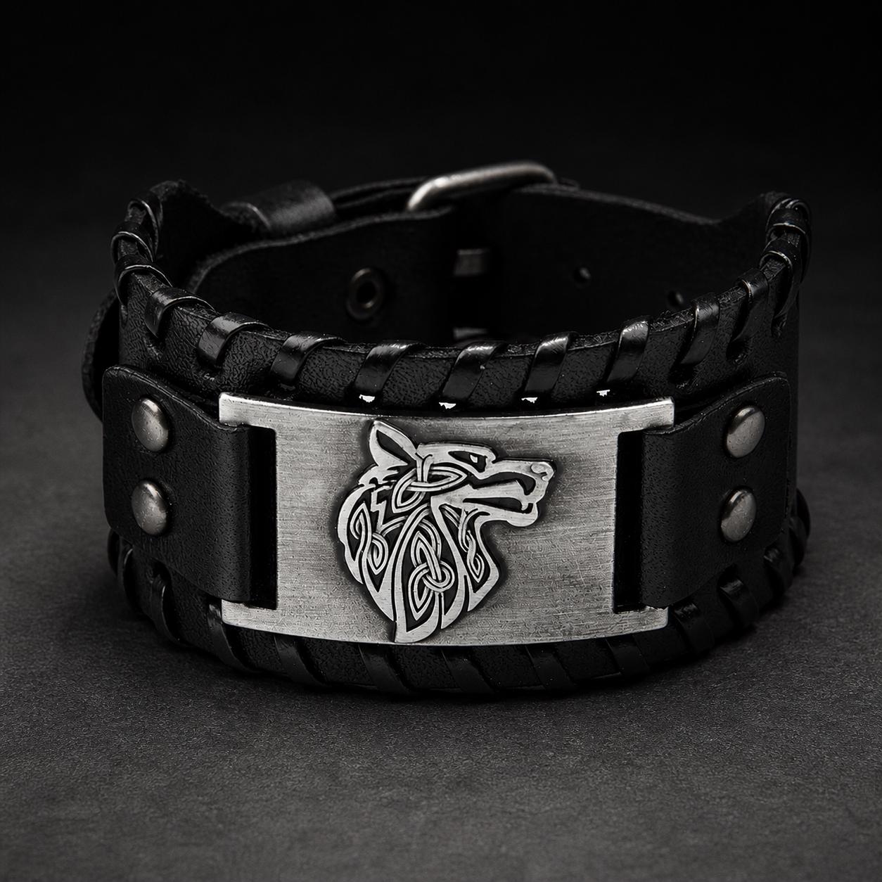 Viking Bracelet - Men’s Viking Leather Cuff Bracelet with Norse Compass, Medieval Warrior Wristband