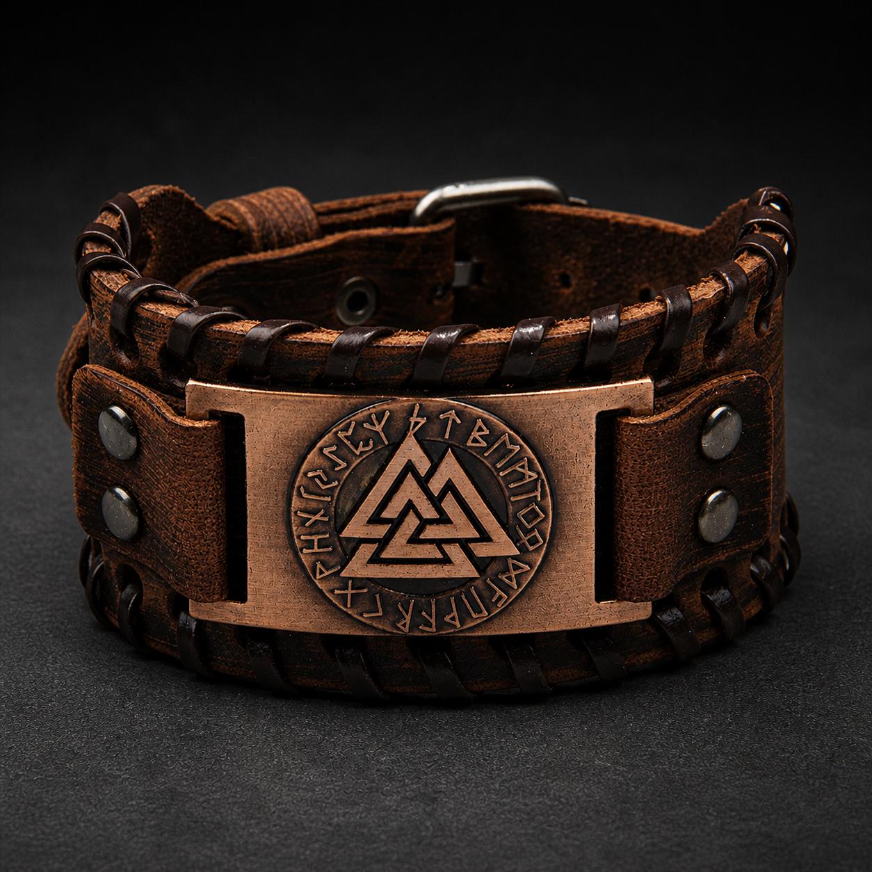 Viking Bracelet - Men’s Viking Leather Cuff Bracelet with Norse Compass, Medieval Warrior Wristband