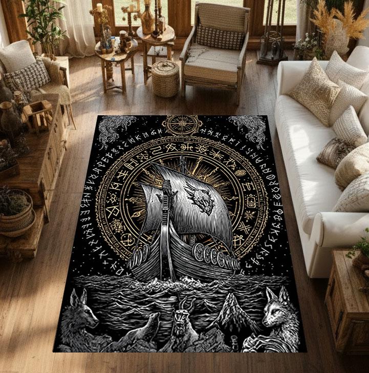 Viking Rune Rug - Norse Viking Ship Rug with Rune Circle and Mythic Animal Guardians, Black Gold