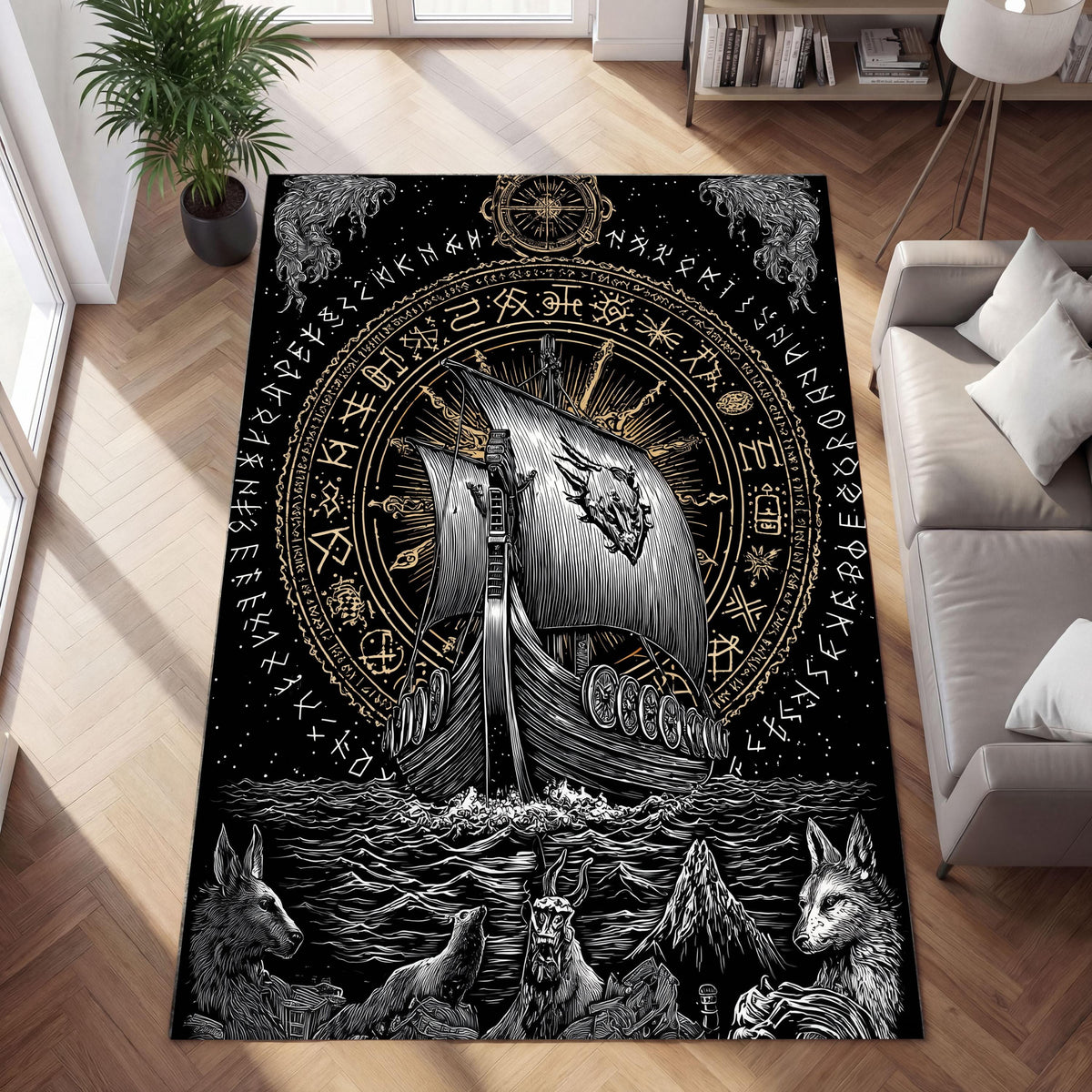 Viking Rune Rug - Norse Viking Ship Rug with Rune Circle and Mythic Animal Guardians, Black Gold
