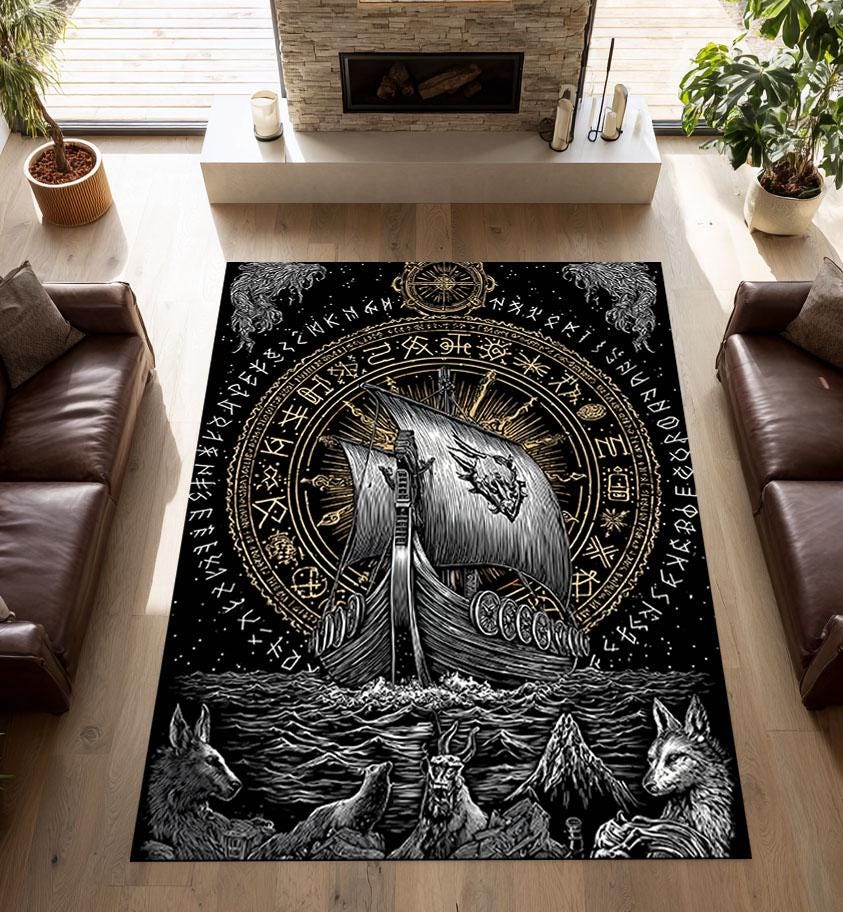 Viking Rune Rug - Norse Viking Ship Rug with Rune Circle and Mythic Animal Guardians, Black Gold