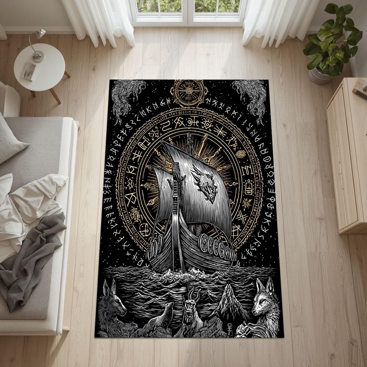 Viking Rune Rug - Norse Viking Ship Rug with Rune Circle and Mythic Animal Guardians, Black Gold