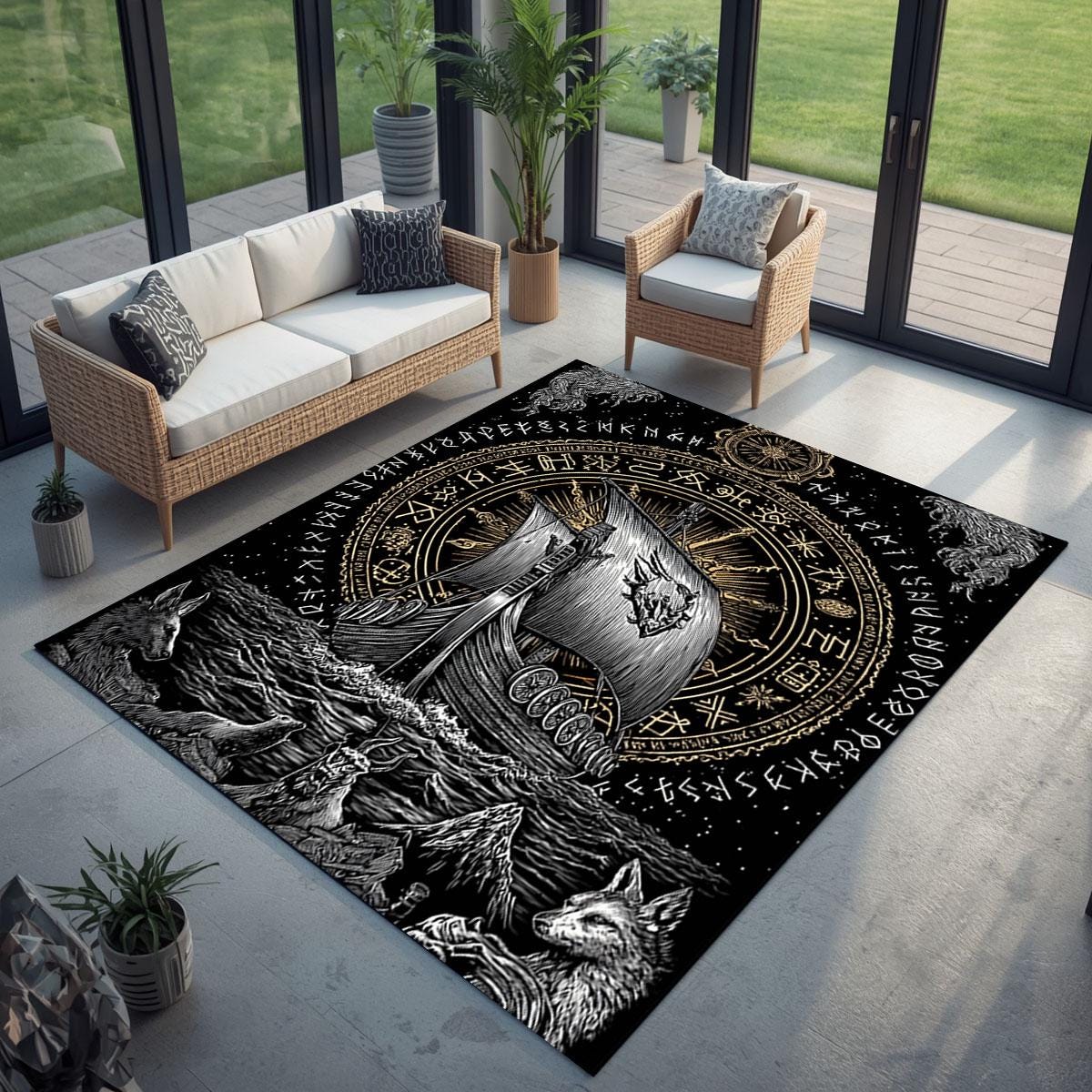 Viking Rune Rug - Norse Viking Ship Rug with Rune Circle and Mythic Animal Guardians, Black Gold