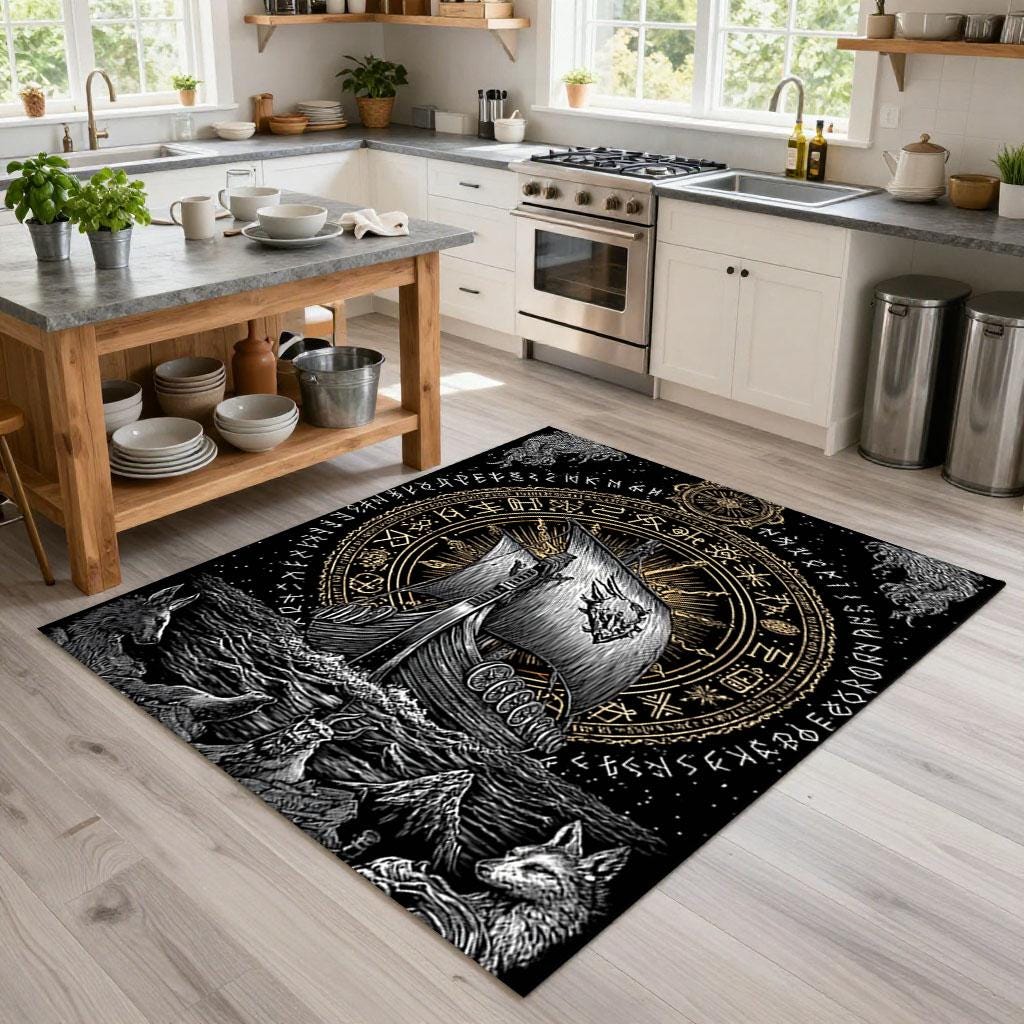 Viking Rune Rug - Norse Viking Ship Rug with Rune Circle and Mythic Animal Guardians, Black Gold