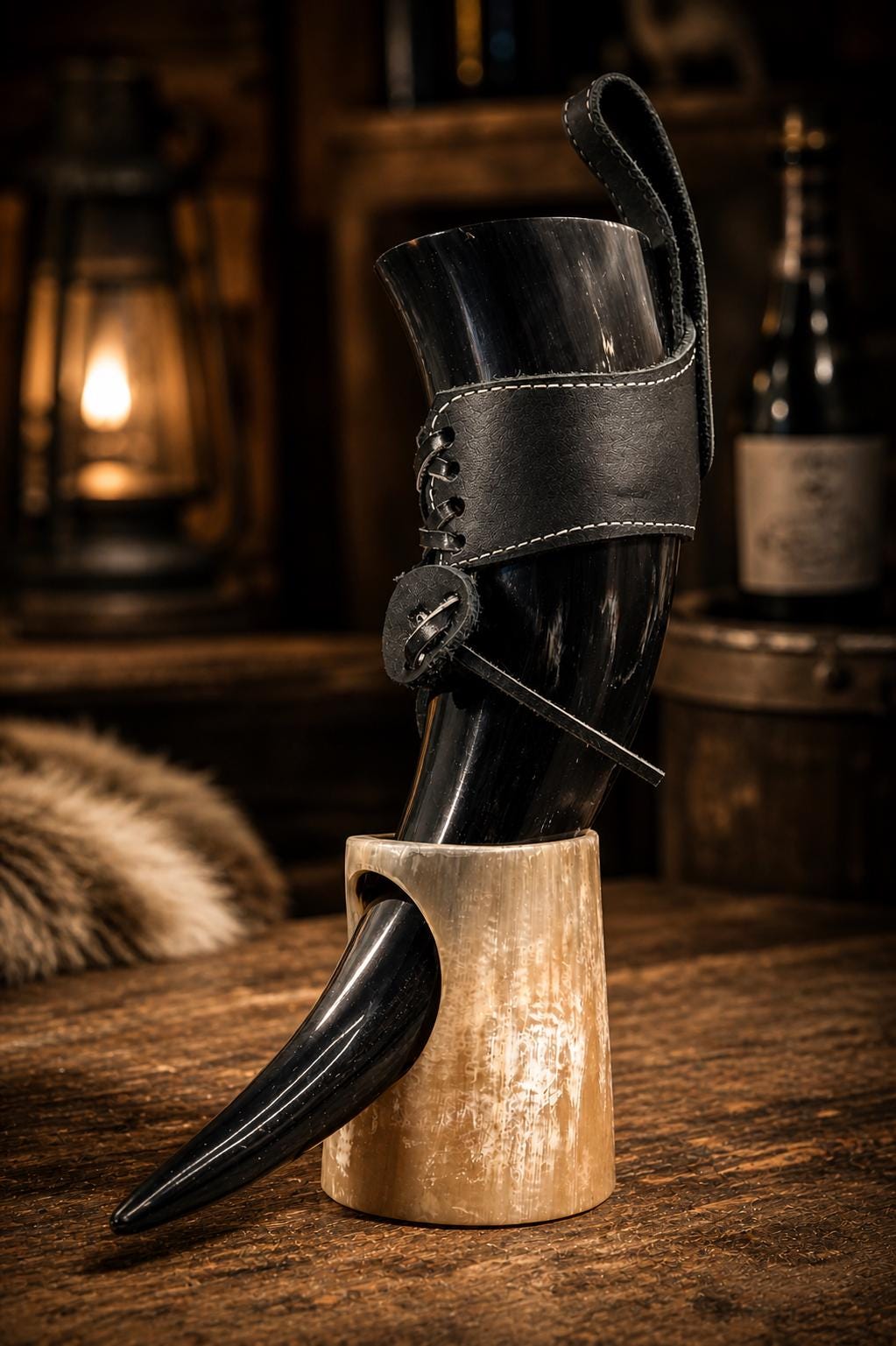 Viking Wolf Mug - Fenrir Wolf Drinking Horn Mug with Stand, Engraved Viking Mead Horn, Handmade