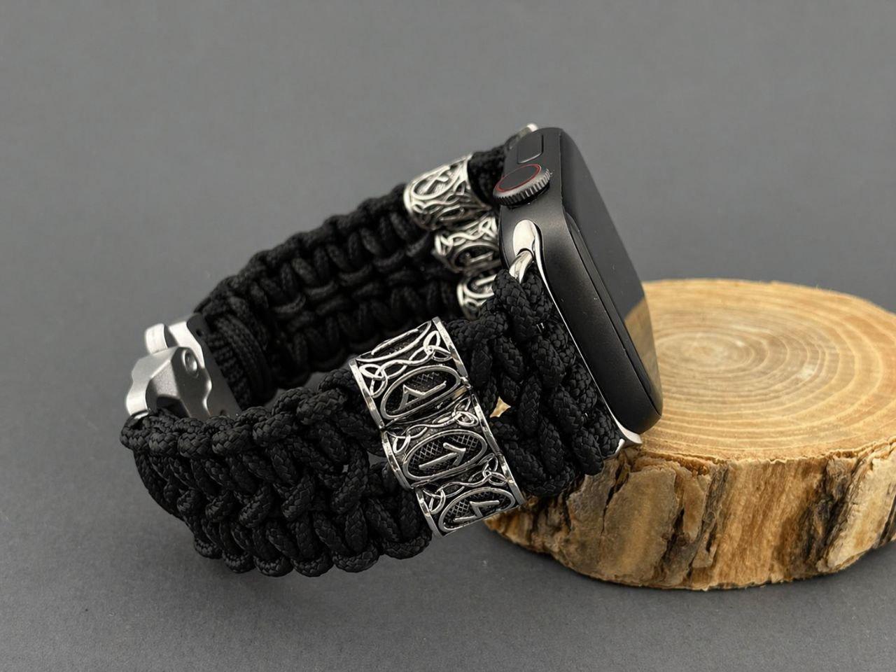 Viking Rune Bracelet - Silver Futhark Runes Bracelet for Apple Watch Nordic Runic Style Black