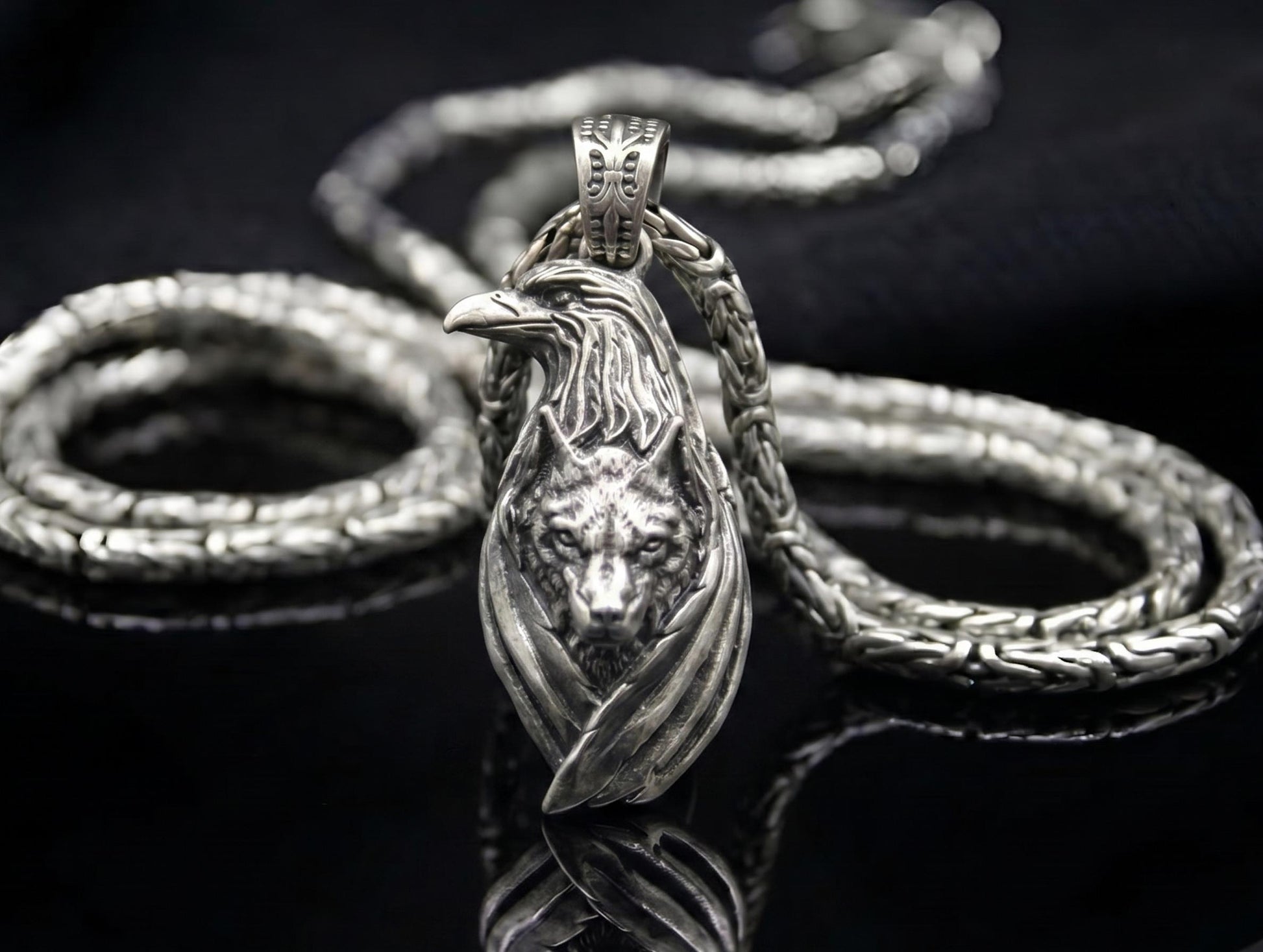 Viking Odin Necklace - Wolf and Raven Pendant, 925 Sterling Silver Norse Viking Necklace, Odin's