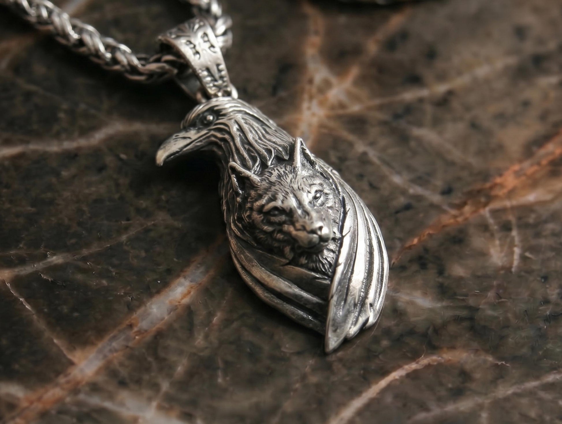 Viking Odin Necklace - Wolf and Raven Pendant, 925 Sterling Silver Norse Viking Necklace, Odin's