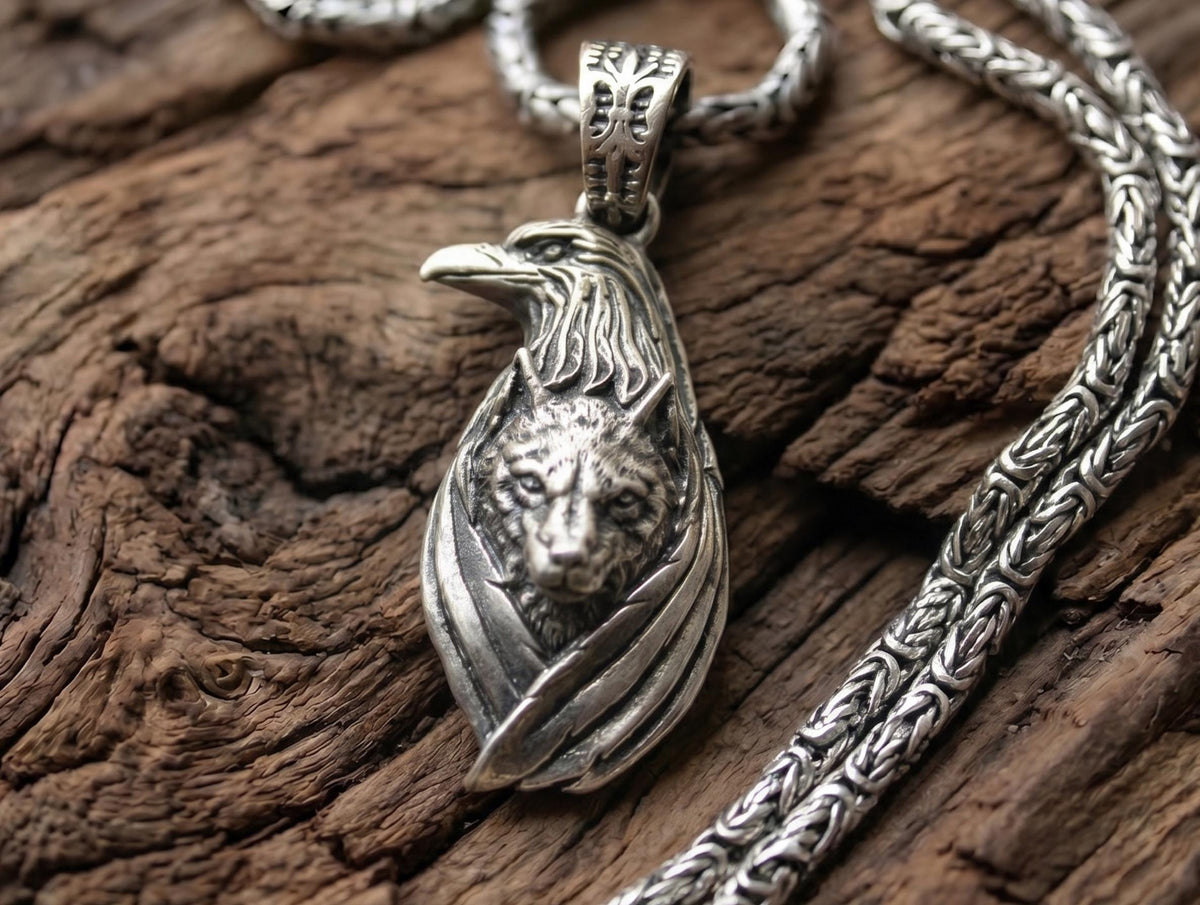 Viking Odin Necklace - Wolf and Raven Pendant, 925 Sterling Silver Norse Viking Necklace, Odin's