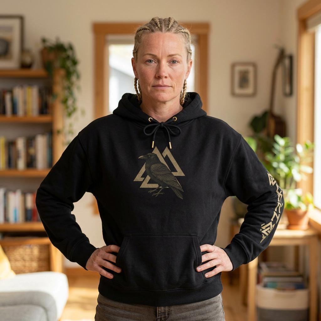 Viking Raven Hoodie - Norse Warrior Raven Hoodie, Black White Viking Style Graphic Pullover