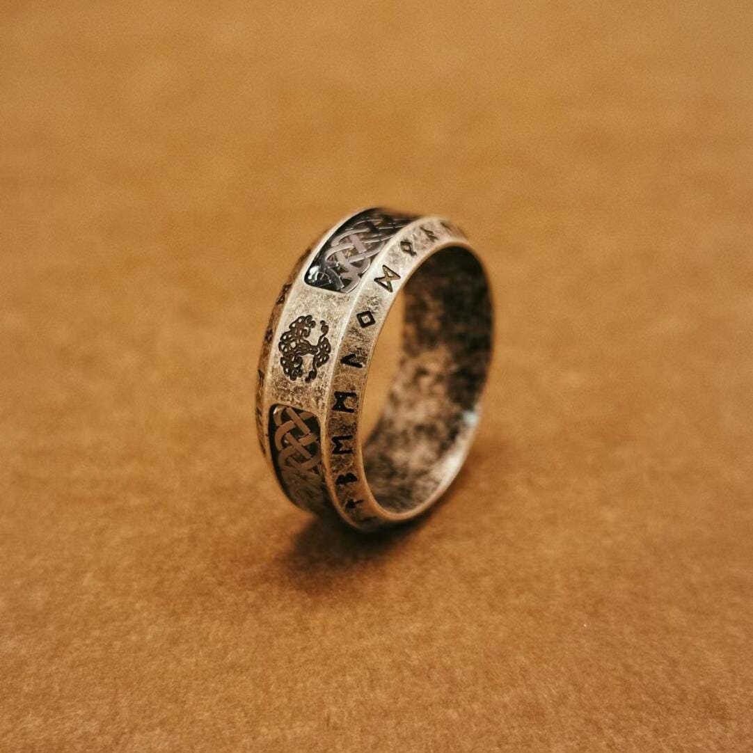 Viking Rune Ring - Viking Tree of Life Ring Mens Titanium Steel Celtic Knot Band Rustic Norse Rune
