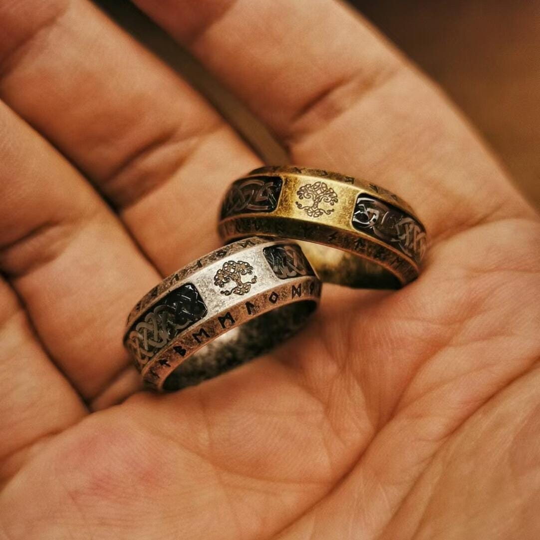 Viking Rune Ring - Viking Tree of Life Ring Mens Titanium Steel Celtic Knot Band Rustic Norse Rune