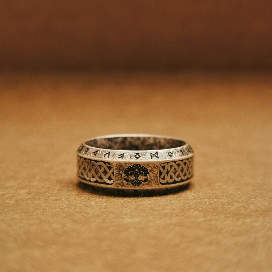 Viking Rune Ring - Viking Tree of Life Ring Mens Titanium Steel Celtic Knot Band Rustic Norse Rune