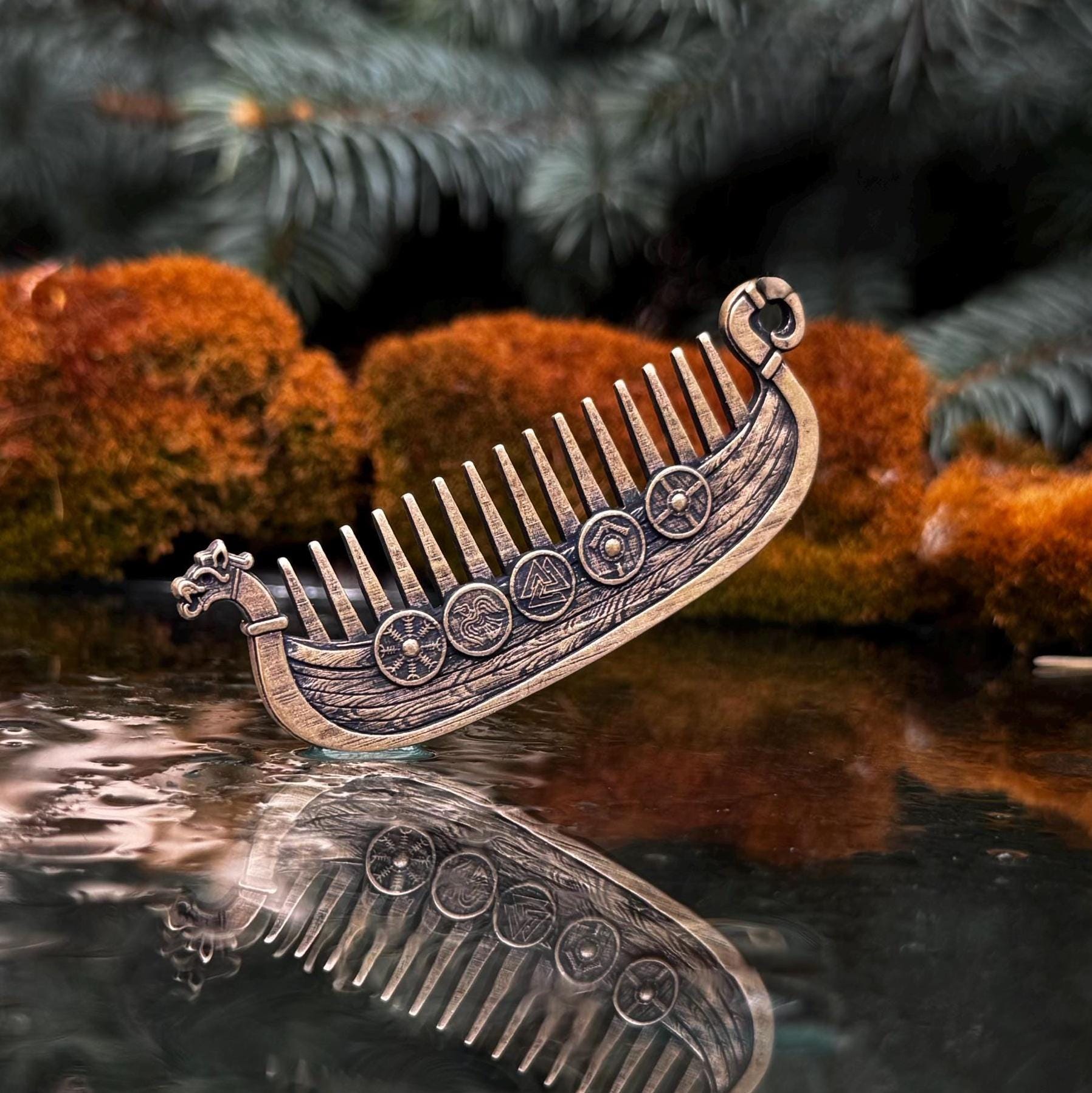 Viking Leather Accessory - Viking ship Beard comb EDC Nordic jewelry Viking Gifts for Him