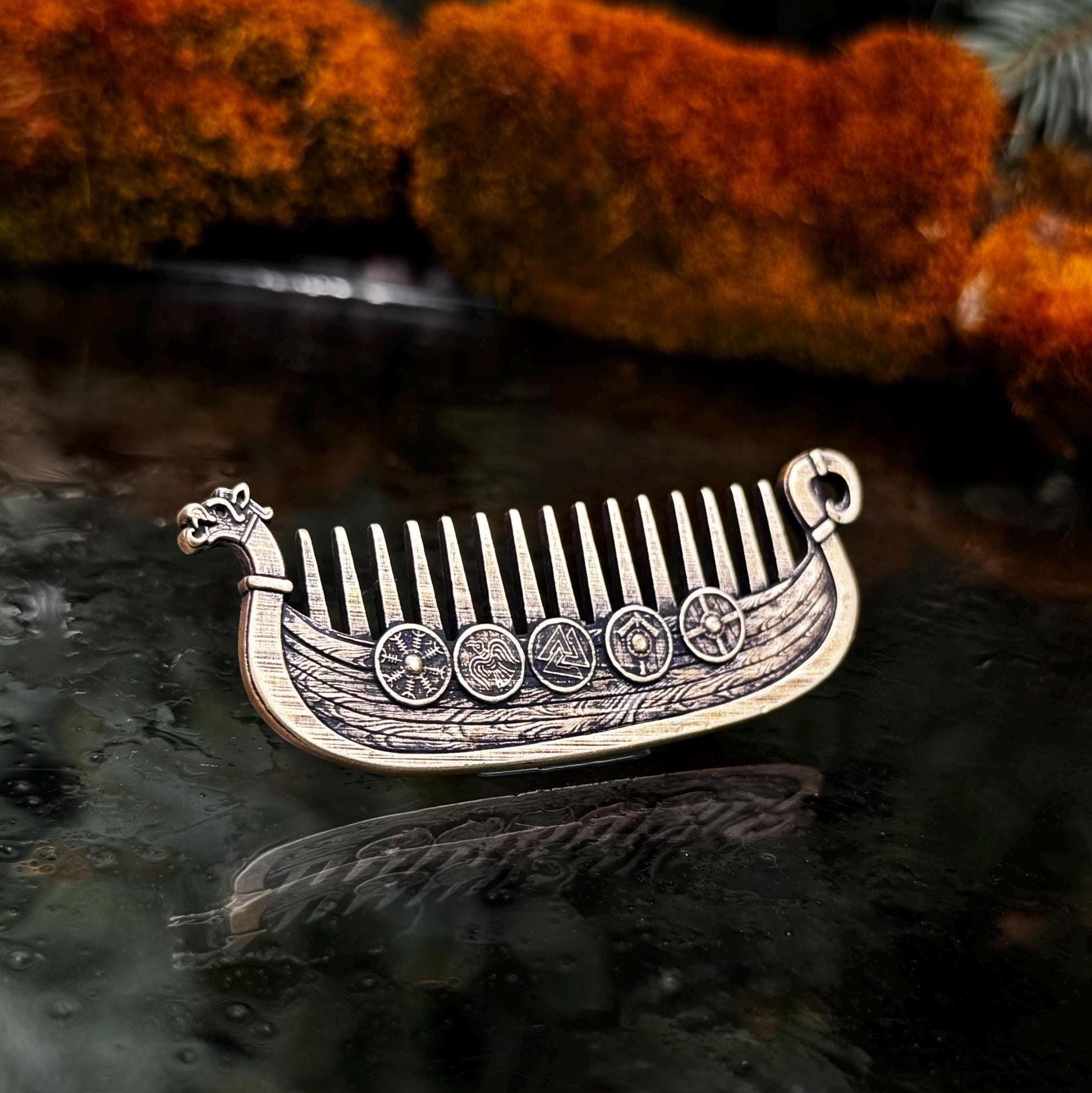 Viking Leather Accessory - Viking ship Beard comb EDC Nordic jewelry Viking Gifts for Him