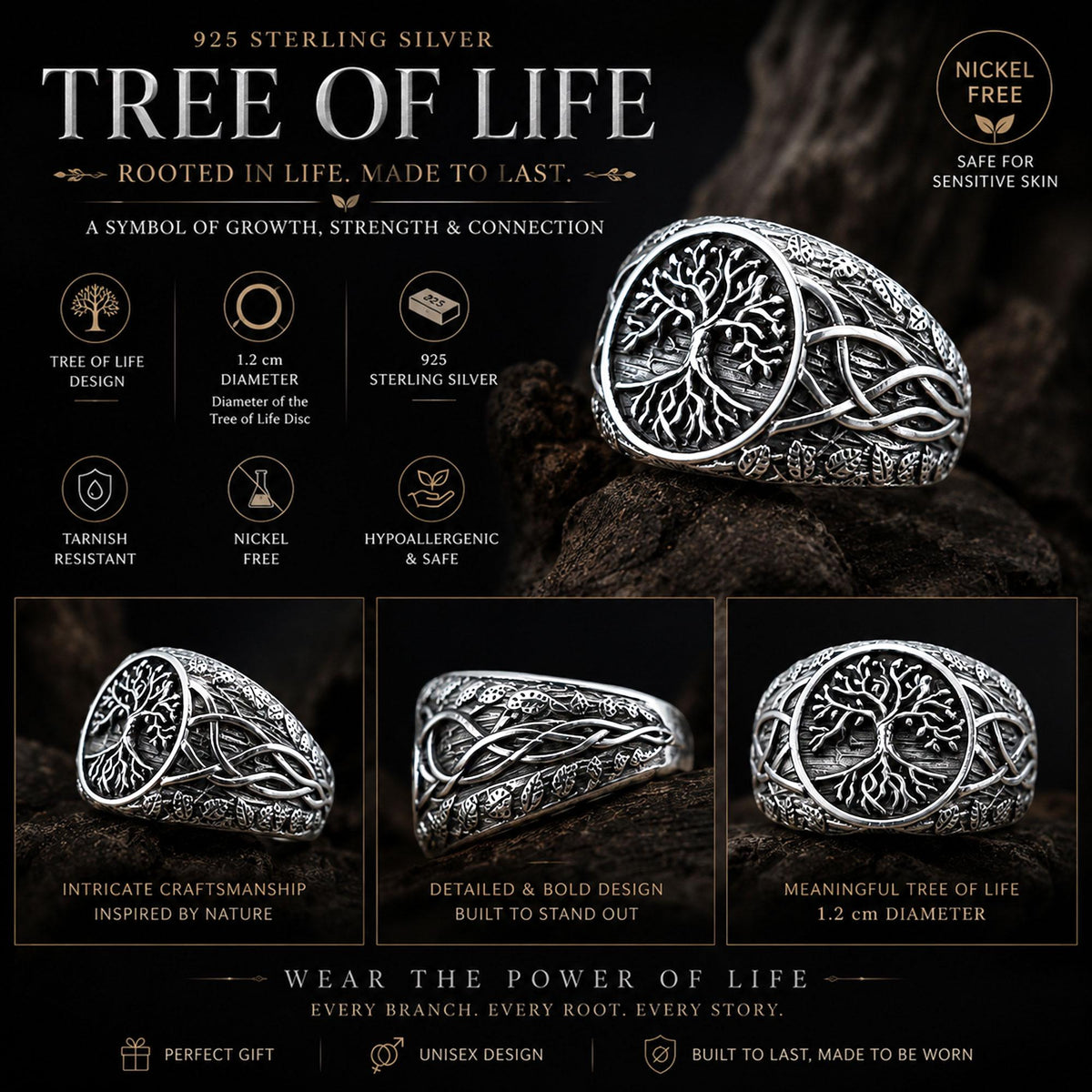 Viking Yggdrasil Tree of Life Ring - 925K Sterling Silver Yggdrasil Ring: Norse Mythology Tree of