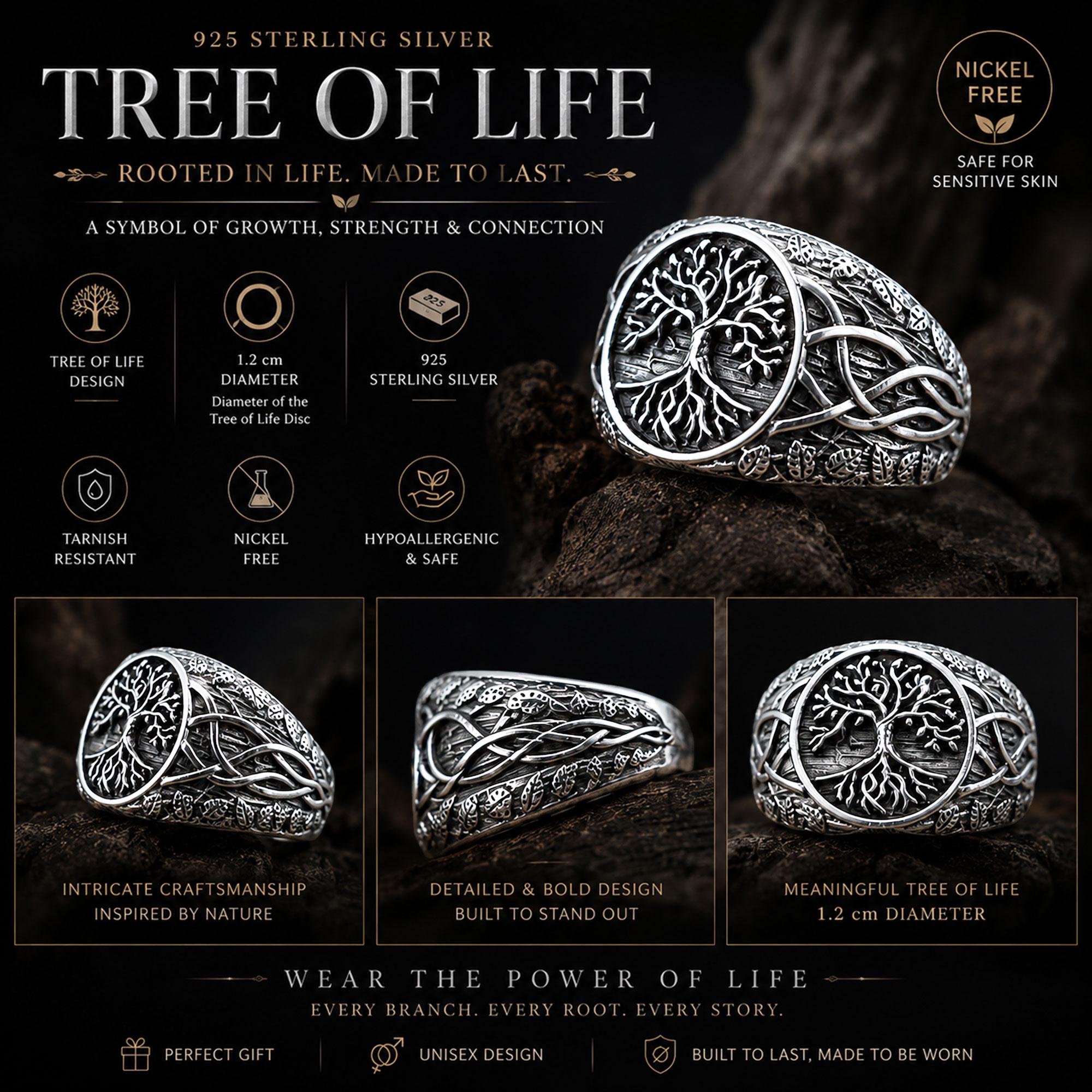 Viking Yggdrasil Tree of Life Ring - 925K Sterling Silver Yggdrasil Ring: Norse Mythology Tree of
