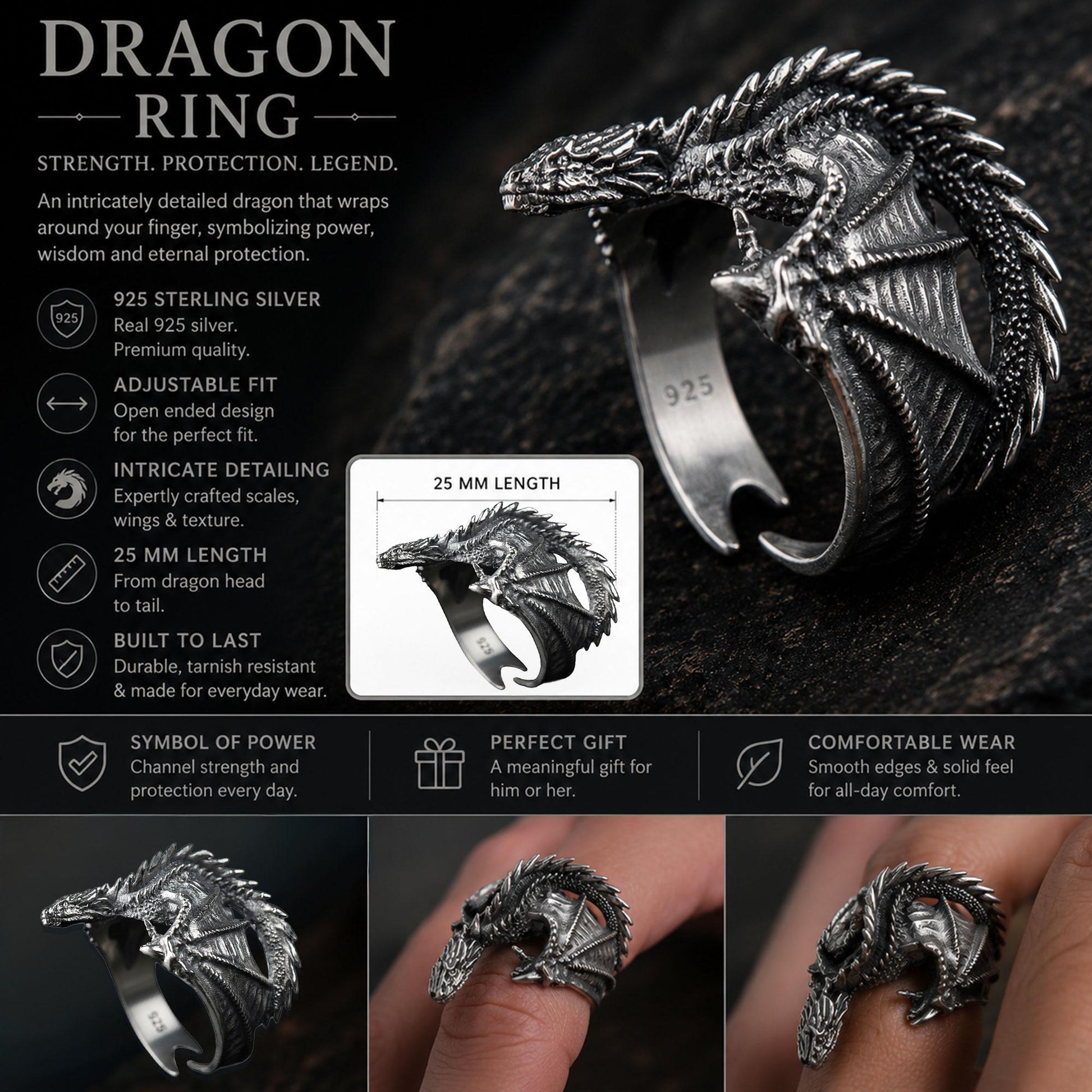 Viking Ring - Sterling Silver Dragon Ring, Adjustable Wrap Band, Gothic Mens Ring, Fantasy Jewelry