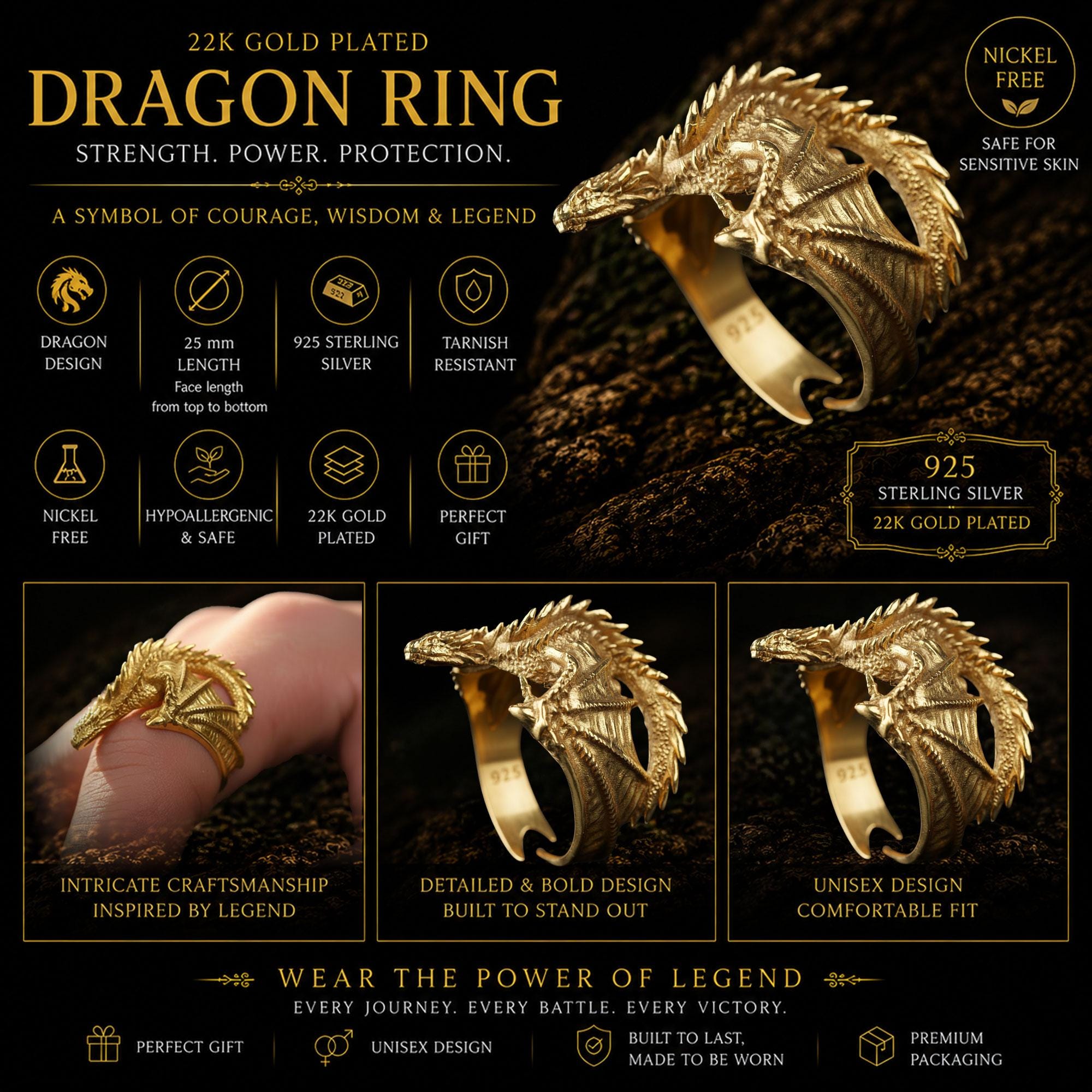 Viking Ring - Sterling Silver Dragon Ring, Adjustable Wrap Band, Gothic Mens Ring, Fantasy Jewelry