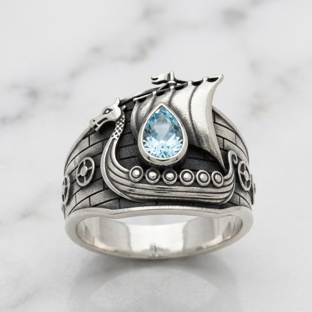 Viking Wolf Ring - Norse Raven Wolf Ring Silver Blue Stone Viking Celtic Knot Band