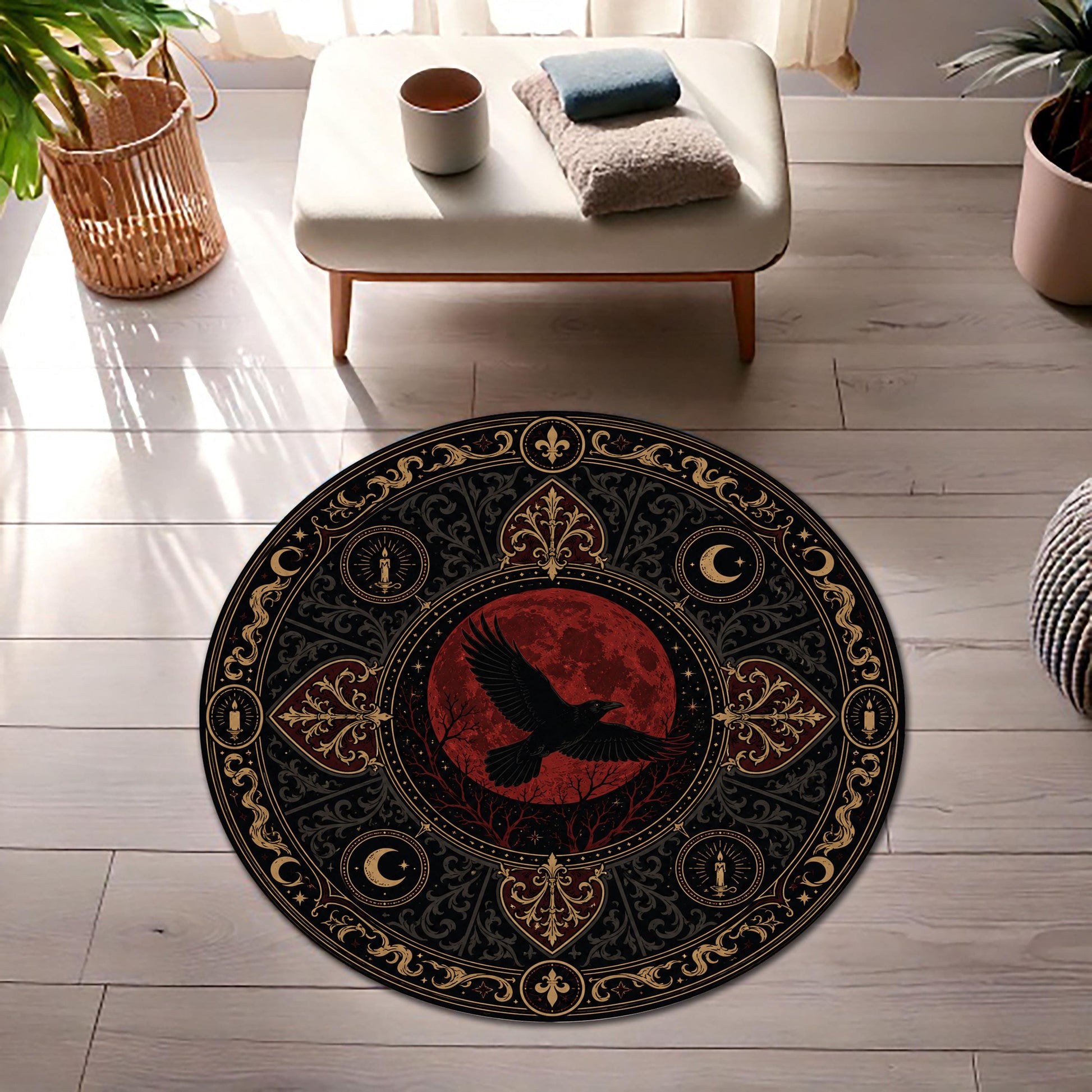 Viking Raven Rug - Viking Raven Round Rug, Norse Rune Circle Carpet, Celtic Knot Boho Gothic Decor