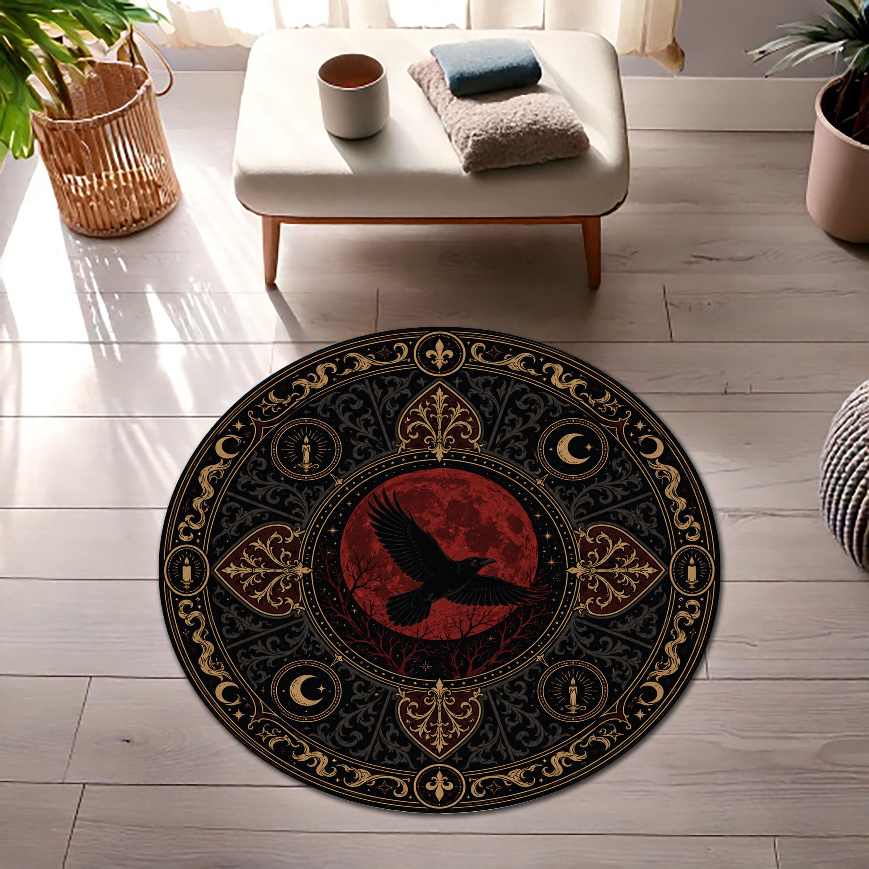 Viking Raven Rug - Viking Raven Round Rug, Norse Rune Circle Carpet, Celtic Knot Boho Gothic Decor