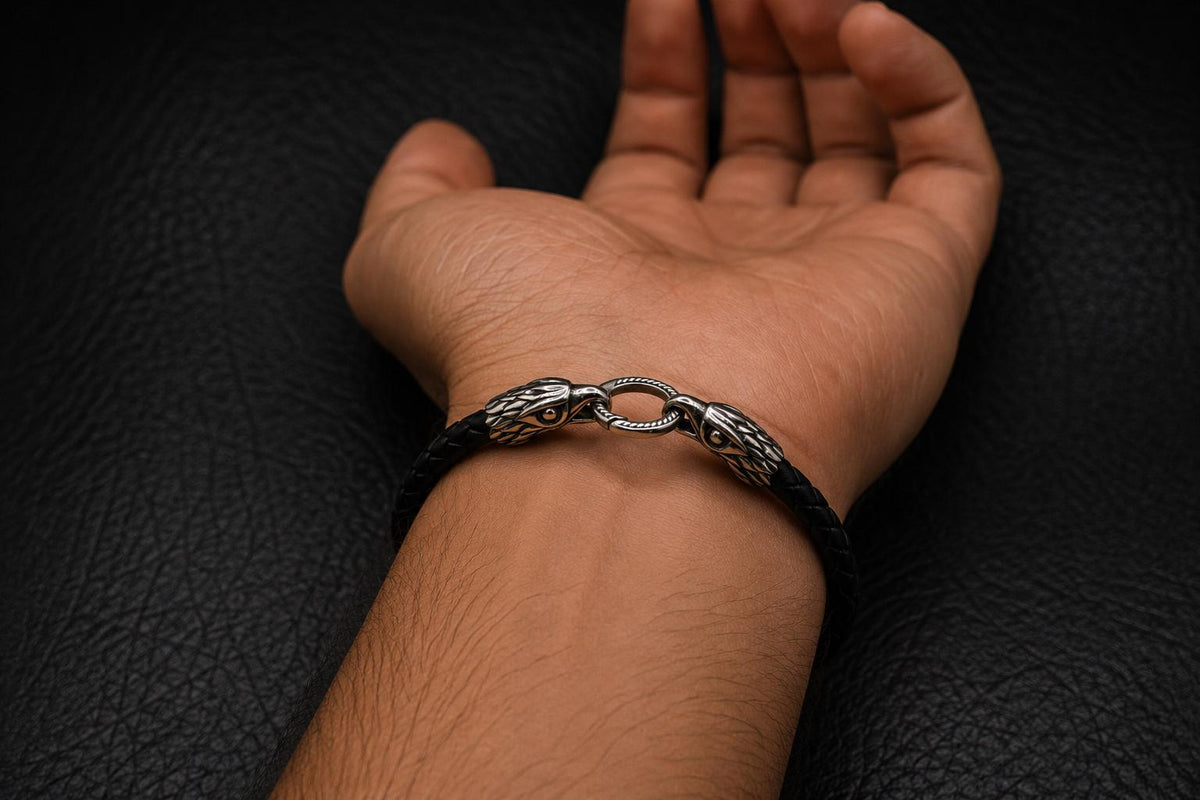 Viking Bracelet - Mens Eagle Bracelet - Sterling Silver Bracelet For Men - Black Leather Viking