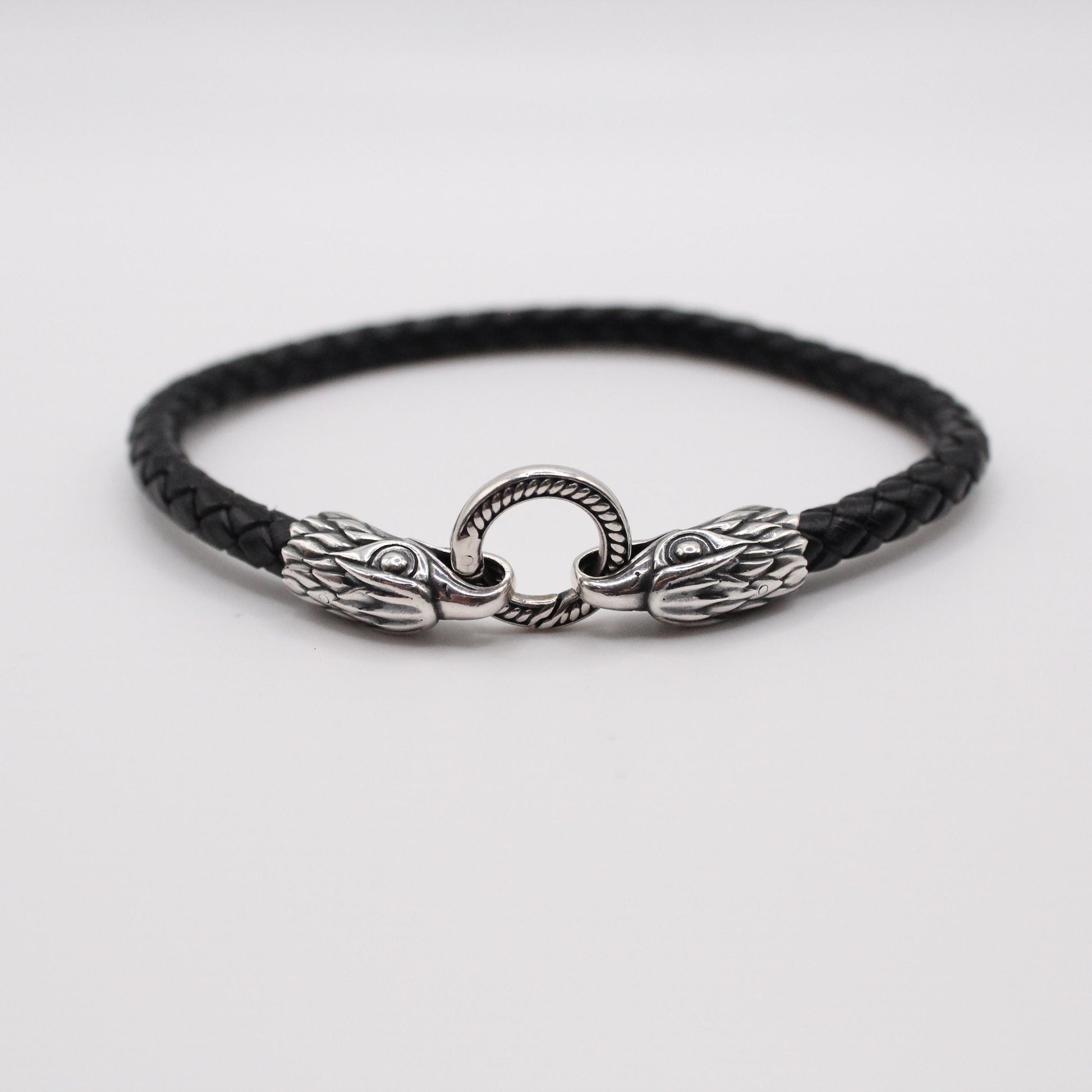 Viking Bracelet - Mens Eagle Bracelet - Sterling Silver Bracelet For Men - Black Leather Viking
