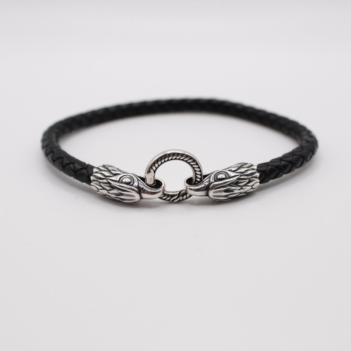Viking Bracelet - Mens Eagle Bracelet - Sterling Silver Bracelet For Men - Black Leather Viking