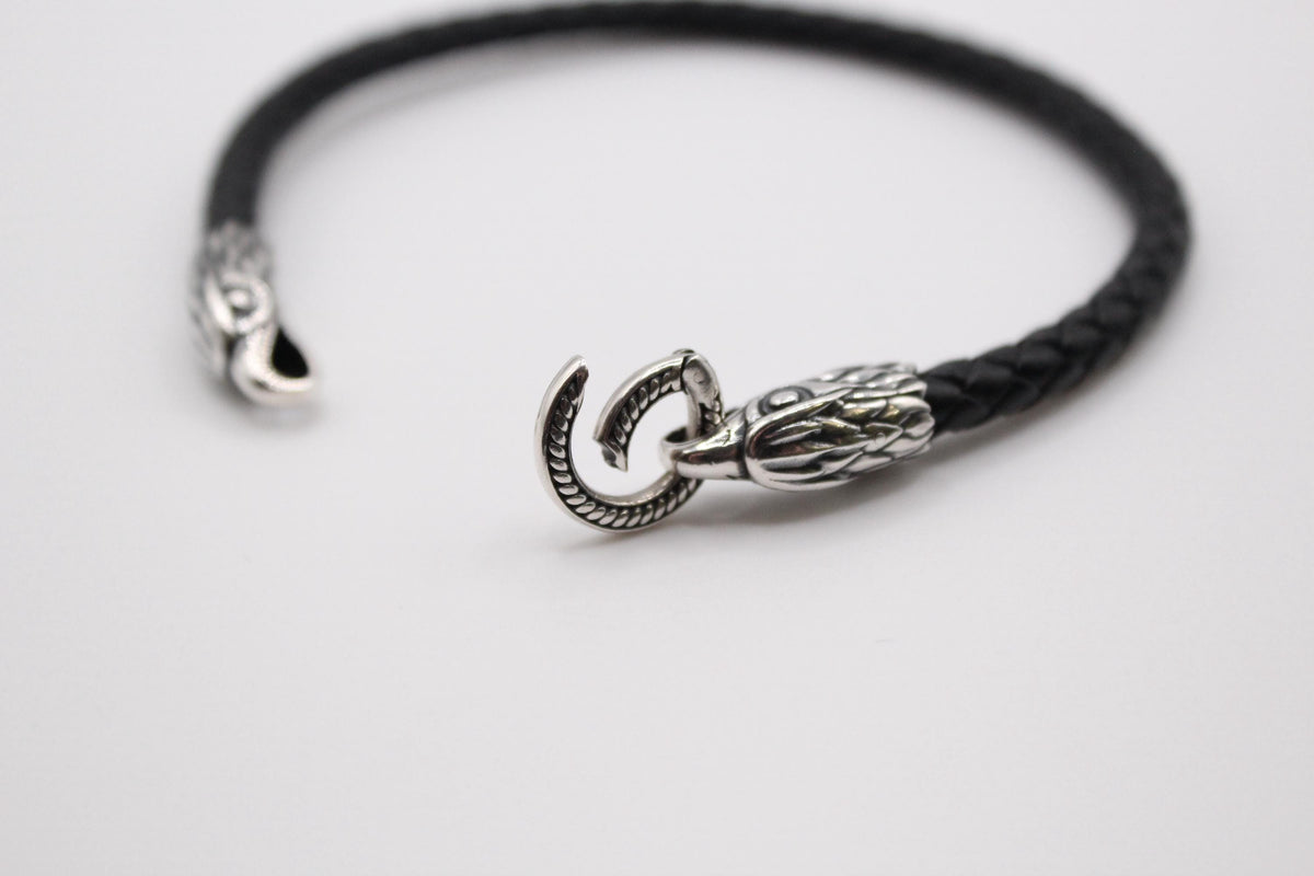 Viking Bracelet - Mens Eagle Bracelet - Sterling Silver Bracelet For Men - Black Leather Viking