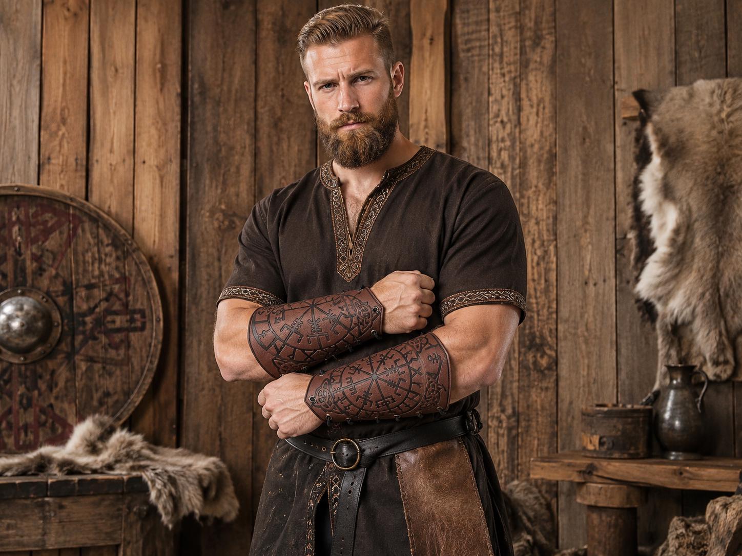 Viking Costume & LARP - Medieval Leather Bracers – Viking Arm Guards for LARP & Cosplay