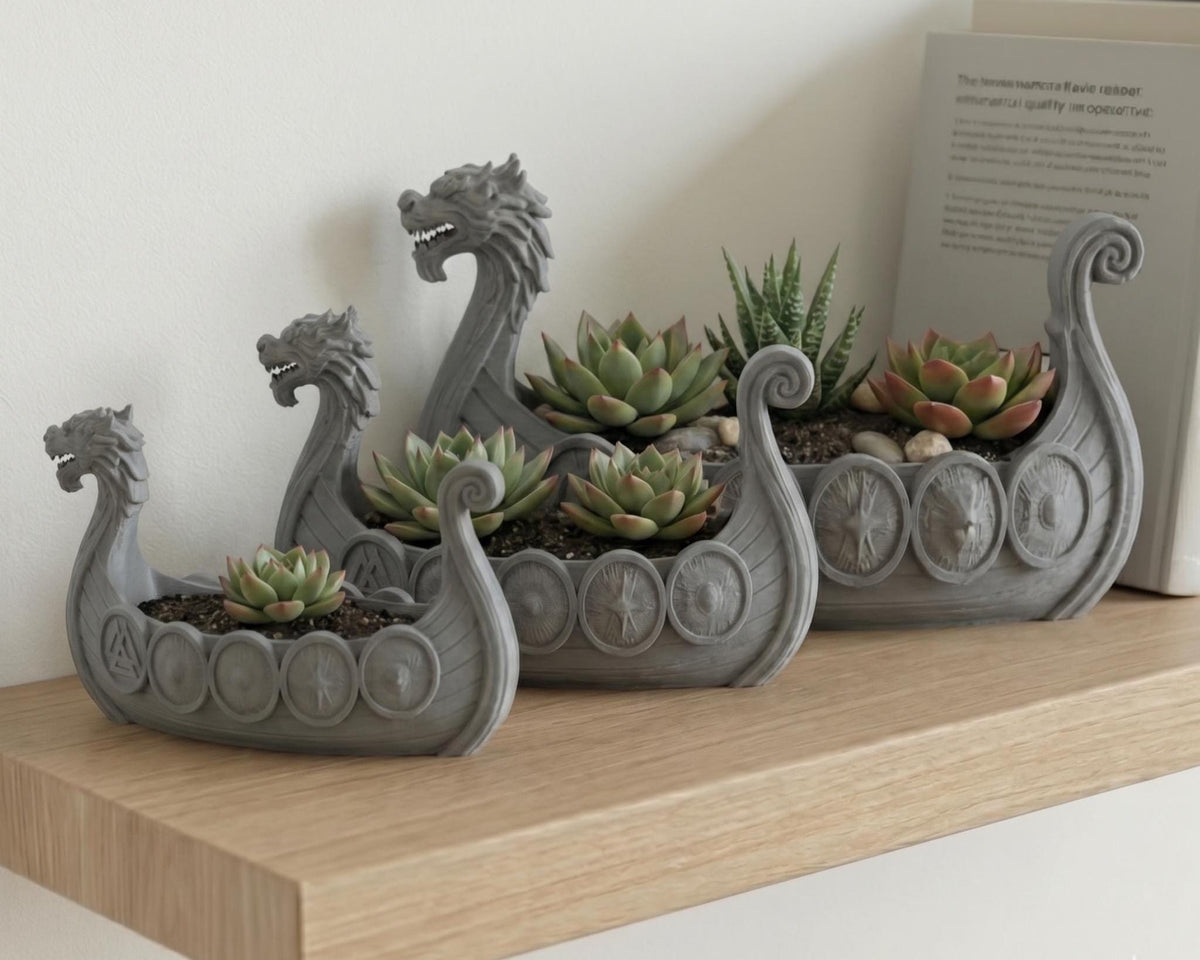 Viking Longship Home Decor - Viking Longship Planter Set, Norse Succulent Pot in Small Medium Large