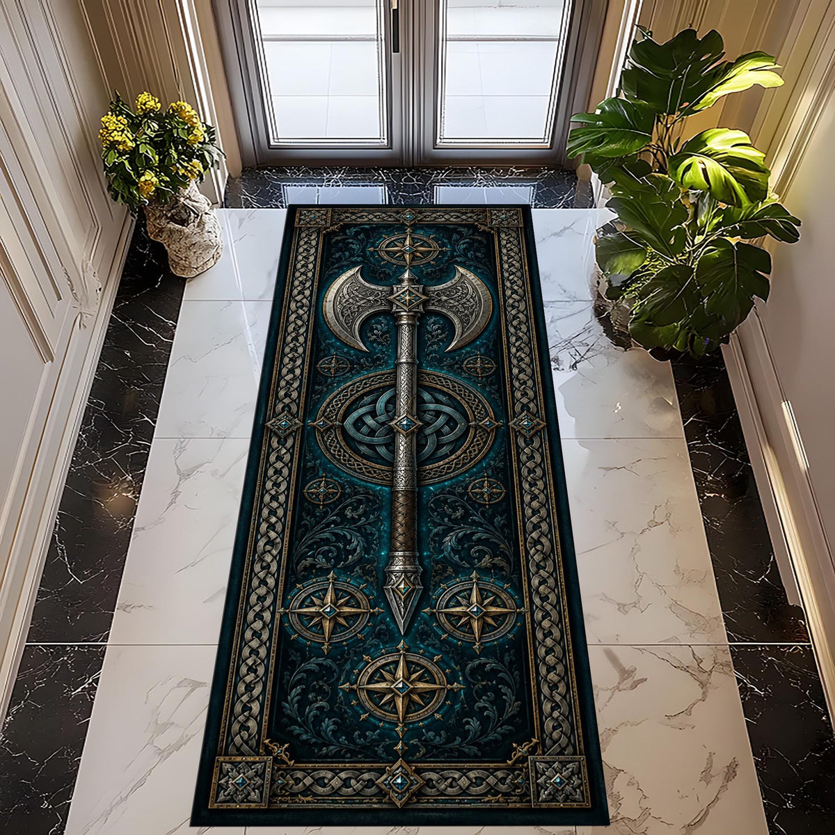 Viking Rug - Viking Axe Runner Rug: Blue Celtic Knot Carpet, Nordic Warrior Pattern, Fantasy Decor