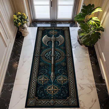 Viking Rug - Viking Axe Runner Rug: Blue Celtic Knot Carpet, Nordic Warrior Pattern, Fantasy Decor