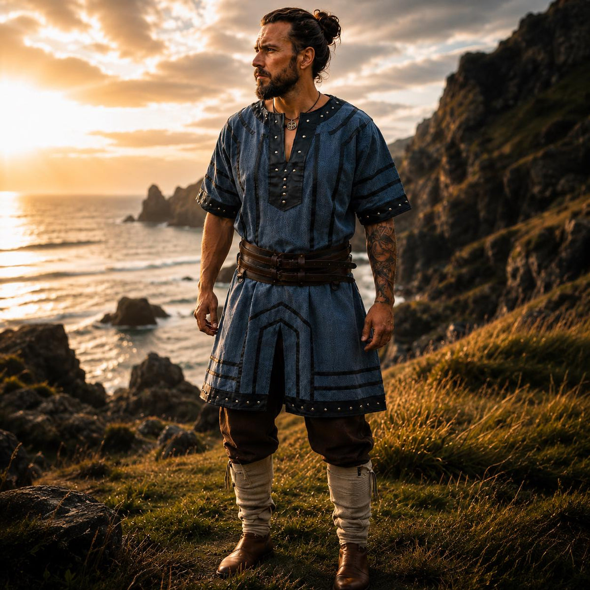 Viking T-Shirt - Green Viking tunic with leather details, Viking tunic for reenactment, LARP, and