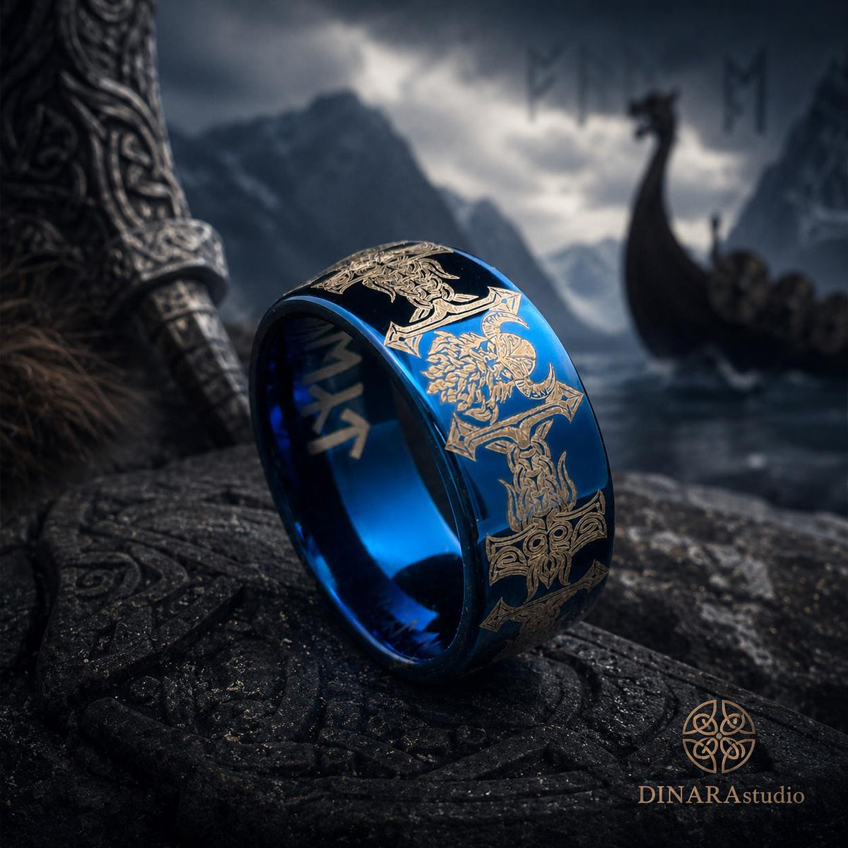 Viking Odin Ring - Blue Tungsten Viking Ring Norse Wedding Band Odin Symbol Personalized Mens