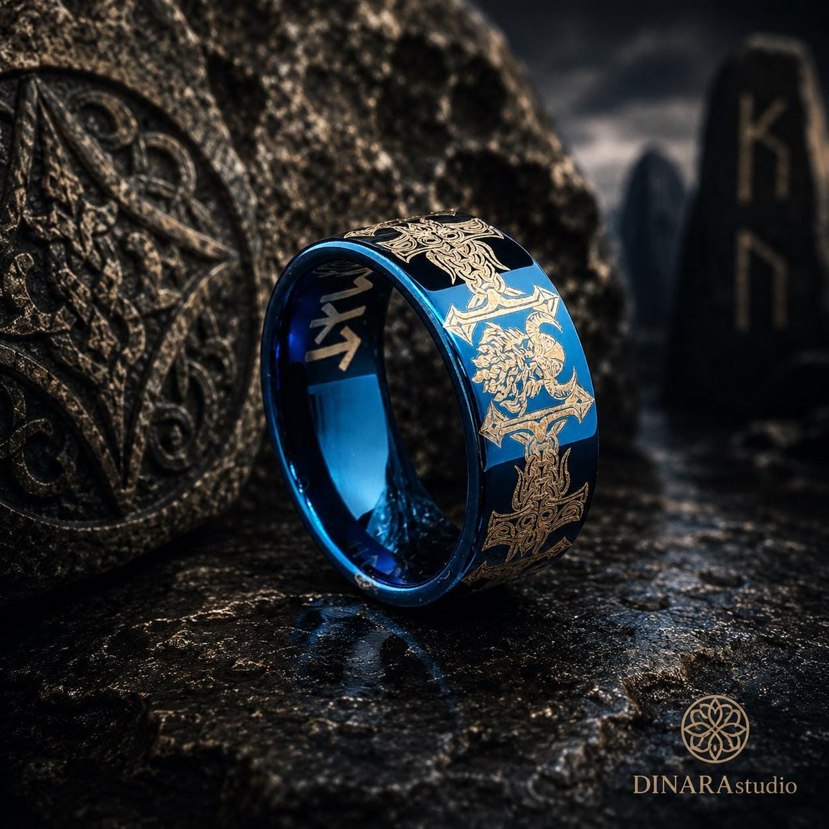 Viking Odin Ring - Blue Tungsten Viking Ring Norse Wedding Band Odin Symbol Personalized Mens