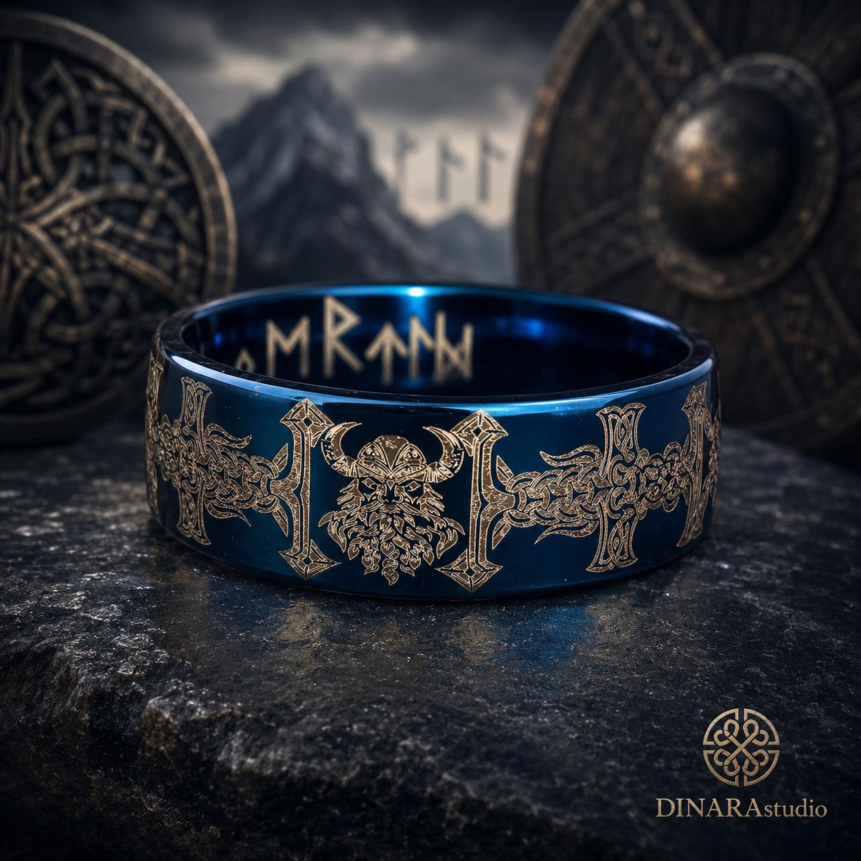 Viking Odin Ring - Blue Tungsten Viking Ring Norse Wedding Band Odin Symbol Personalized Mens