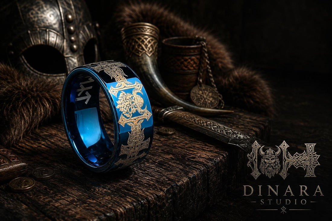 Viking Odin Ring - Blue Tungsten Viking Ring Norse Wedding Band Odin Symbol Personalized Mens