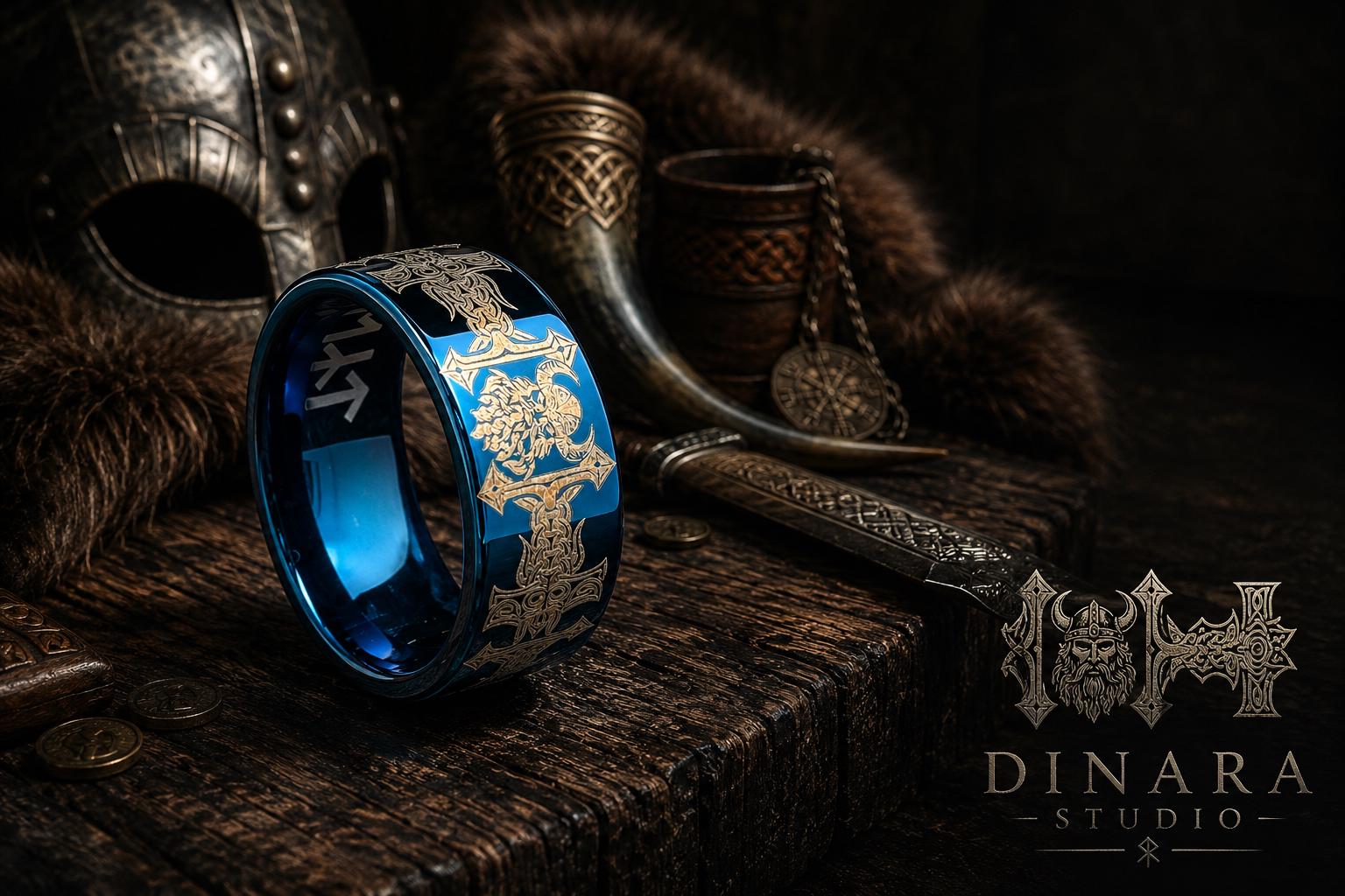 Viking Odin Ring - Blue Tungsten Viking Ring Norse Wedding Band Odin Symbol Personalized Mens
