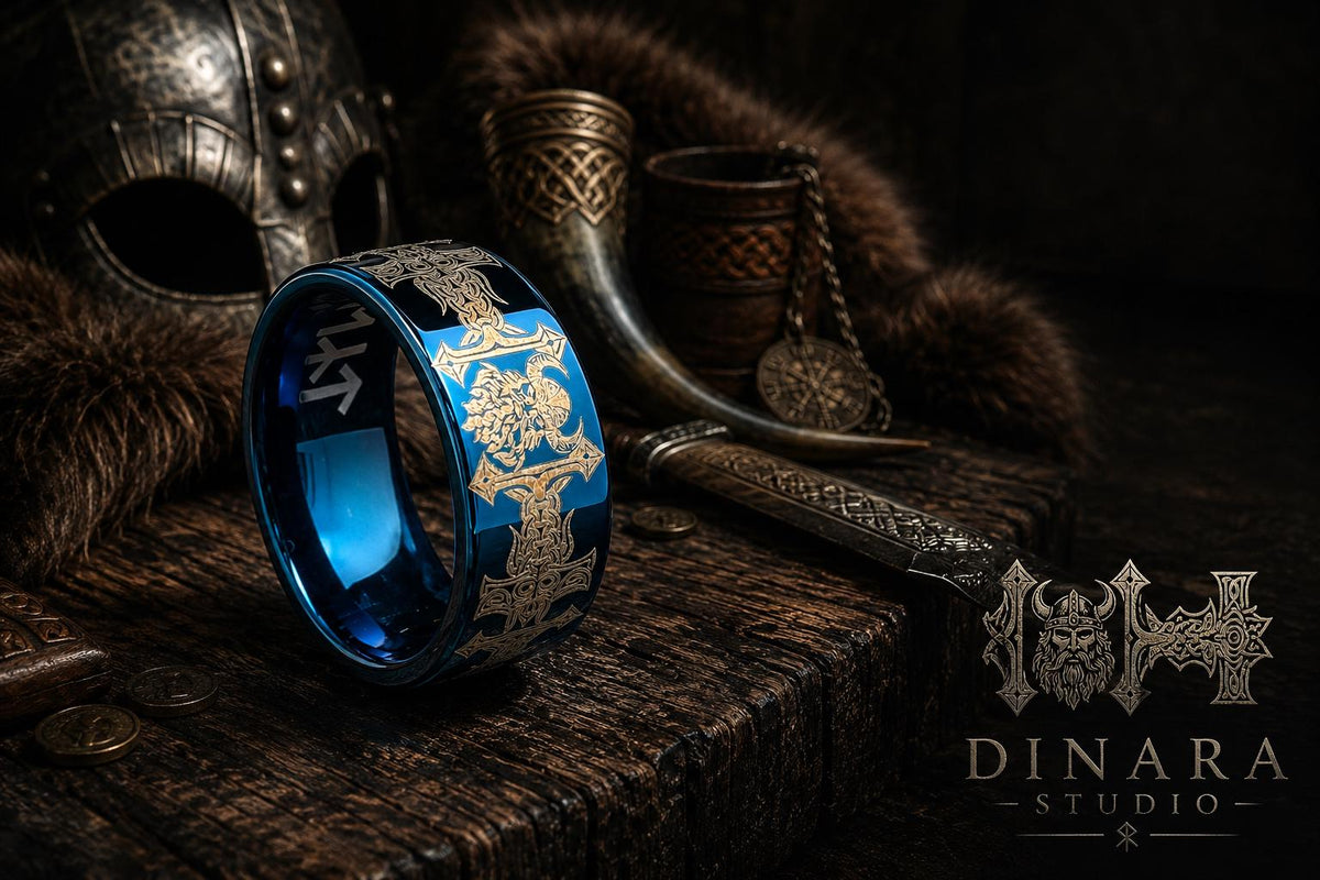 Viking Odin Ring - Blue Tungsten Viking Ring Norse Wedding Band Odin Symbol Personalized Mens