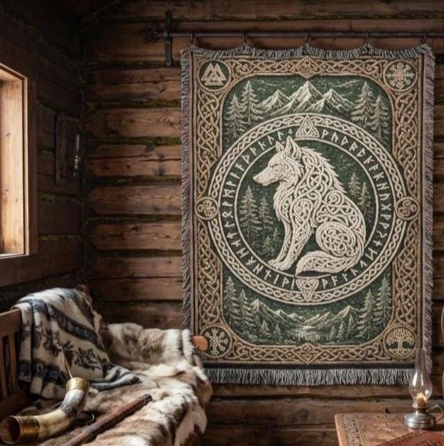 Viking Wolf Blanket - Fenrir Wolf Viking Design Woven Blanket, Norse Mythology Decor