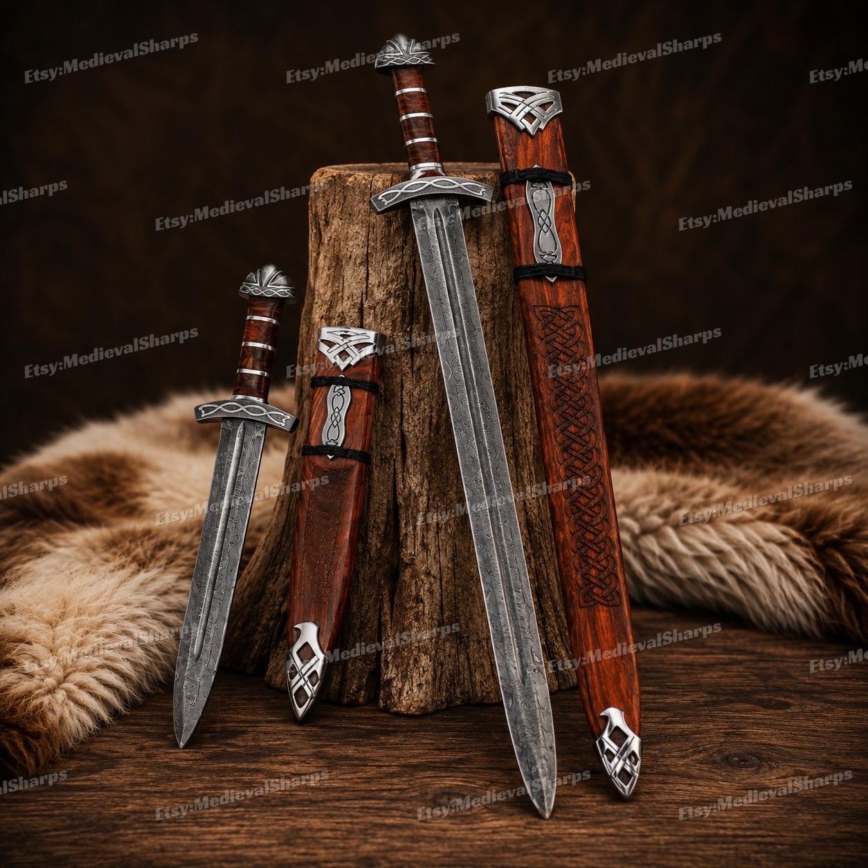 Viking Costume & LARP - 36” Damascus Northmen Sword with Scabbard, Handmade Collectible Medieval
