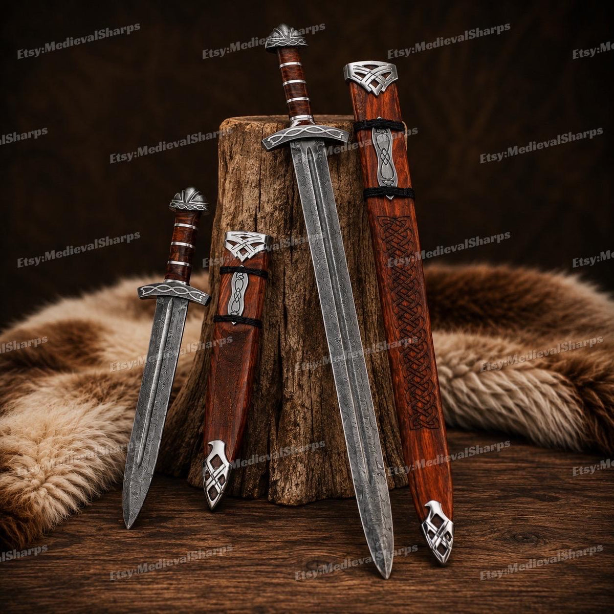 Viking Costume & LARP - 36” Damascus Northmen Sword with Scabbard, Handmade Collectible Medieval