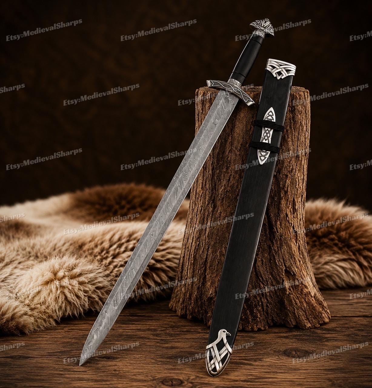 Viking Costume & LARP - 36” Damascus Northmen Sword with Scabbard, Handmade Collectible Medieval